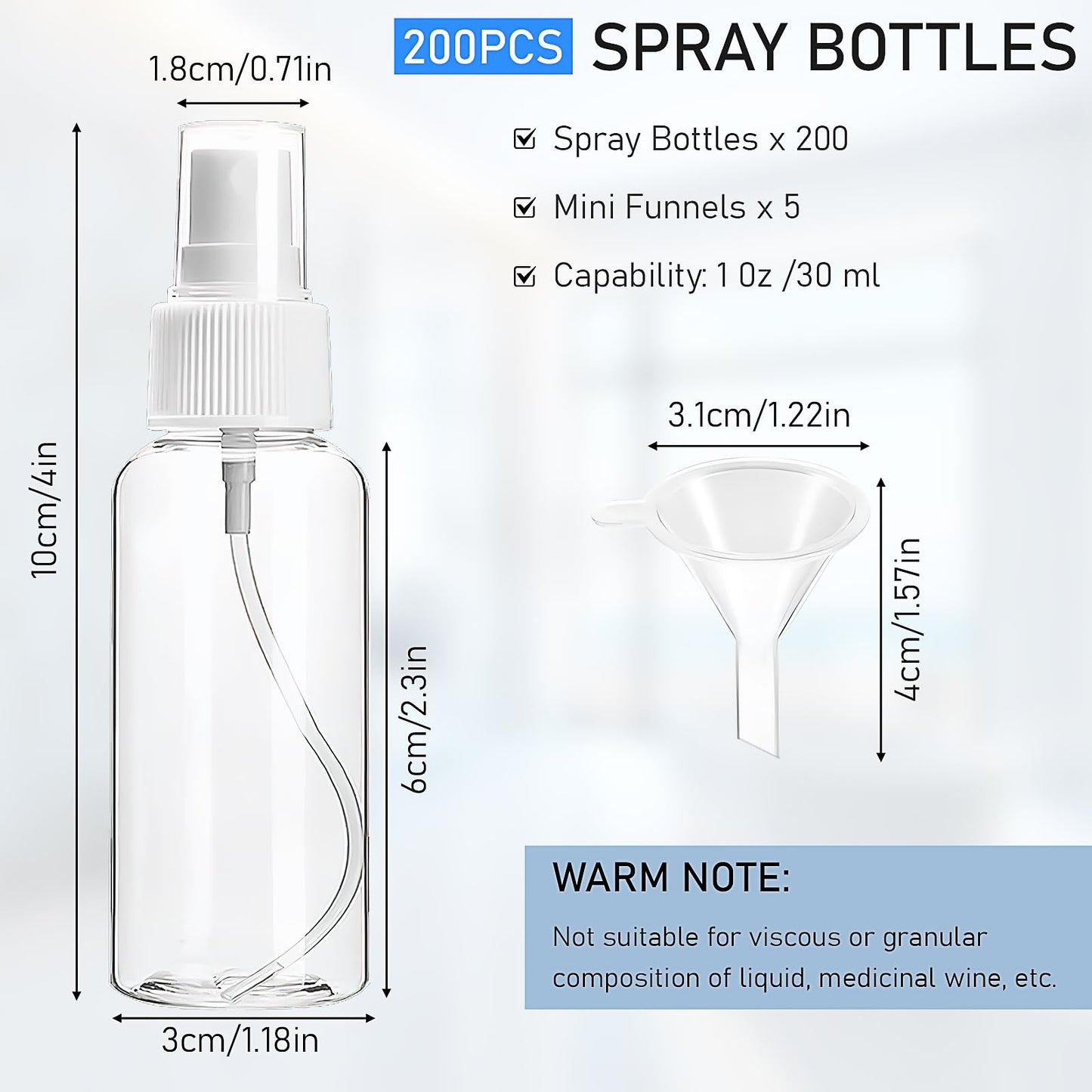 200 Pack Mini Travel Spray Bottles, 1oz Clear Fine Mist Spritzer Bottles, Small Refillable Liquid Containers for Little Perfume, Water, Skin Toner