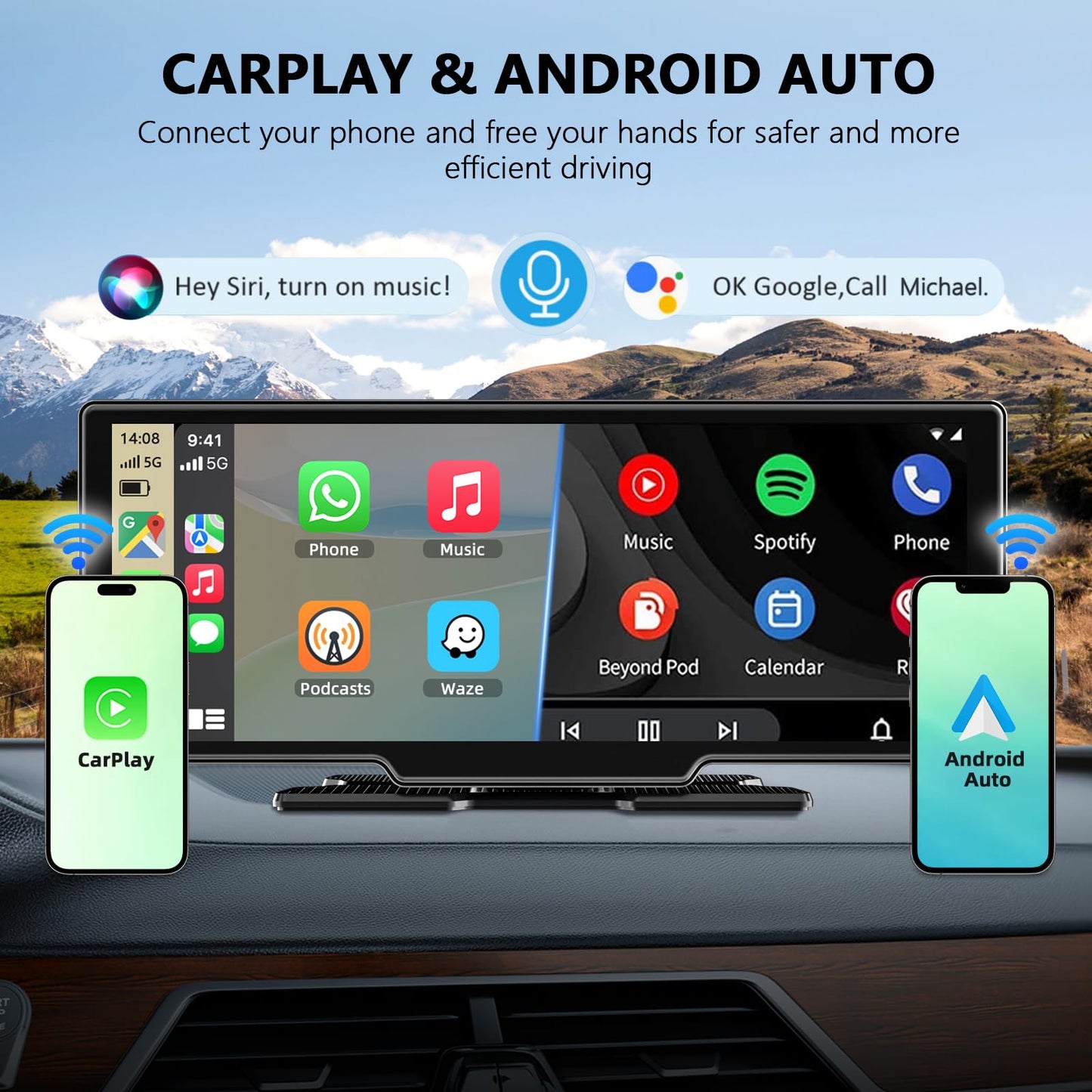 10.26 Inch Wireless Apple Carplay Screen for Car, Apple Car Play and Android Auto Screen with 4K Dash Cam Front and Rear Camera HD 1080P/FM/AUX/64G TF/Mirror Link/Voice Control/GPS Navigation