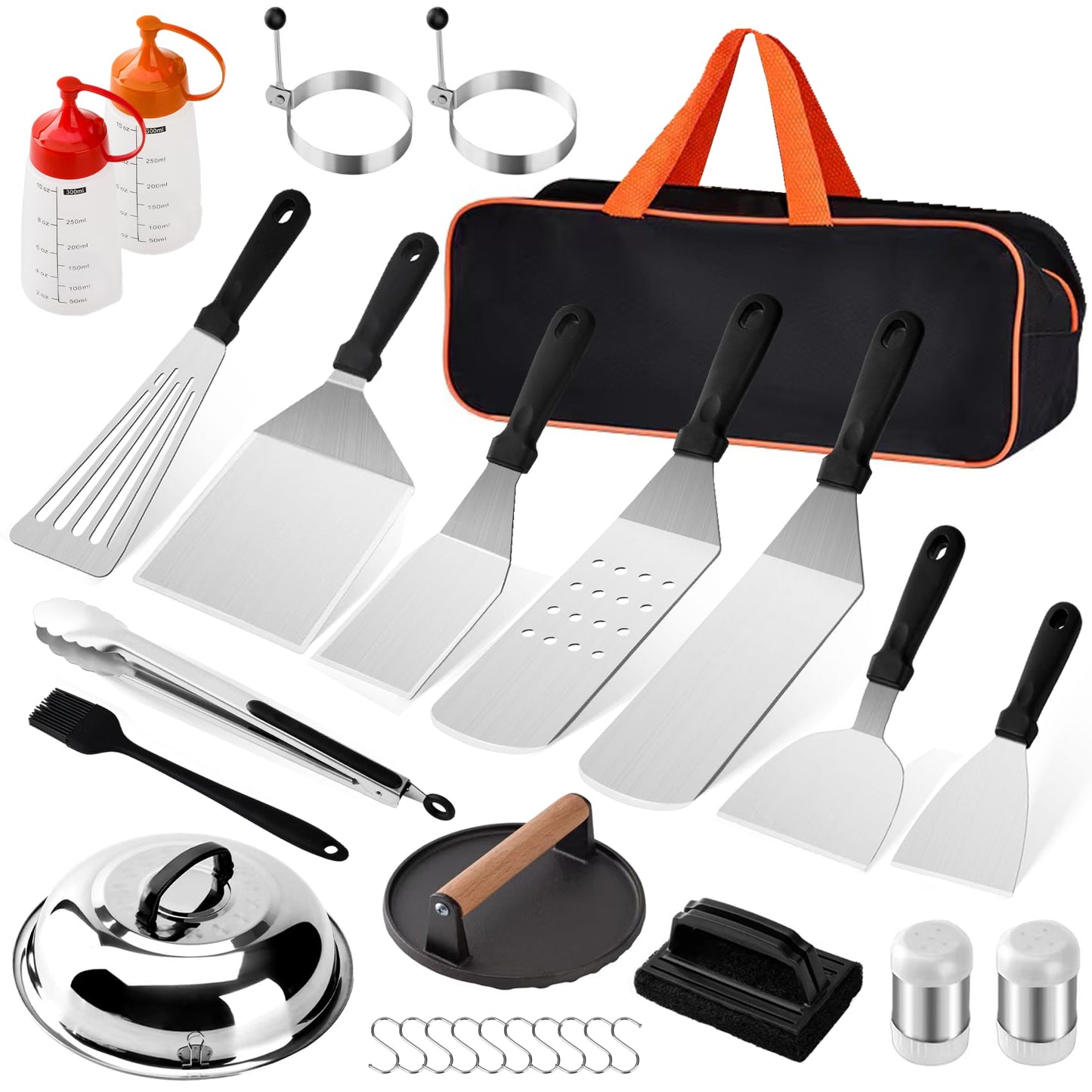 Onlyflame 29PCS Professional BBQ Griddle Tool Kit for Flat Top Grill Blackstone and Camp Chef - Stainless Steel Griddle Spatulas Accessories Kit with Burger Press, Carry Bag and More Tools