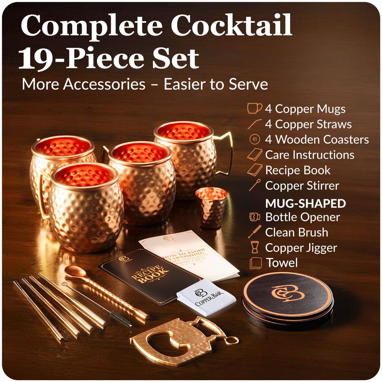 COPPER-BAR Moscow Mule Copper Mugs - Unique HANDCRAFTED Gift Set of 2, Hammered by Artisan, 100% Pure Solid Copper Cups 16oz for Drinking Water & Cocktails, Include 13 Pcs accessories & Special Opener
