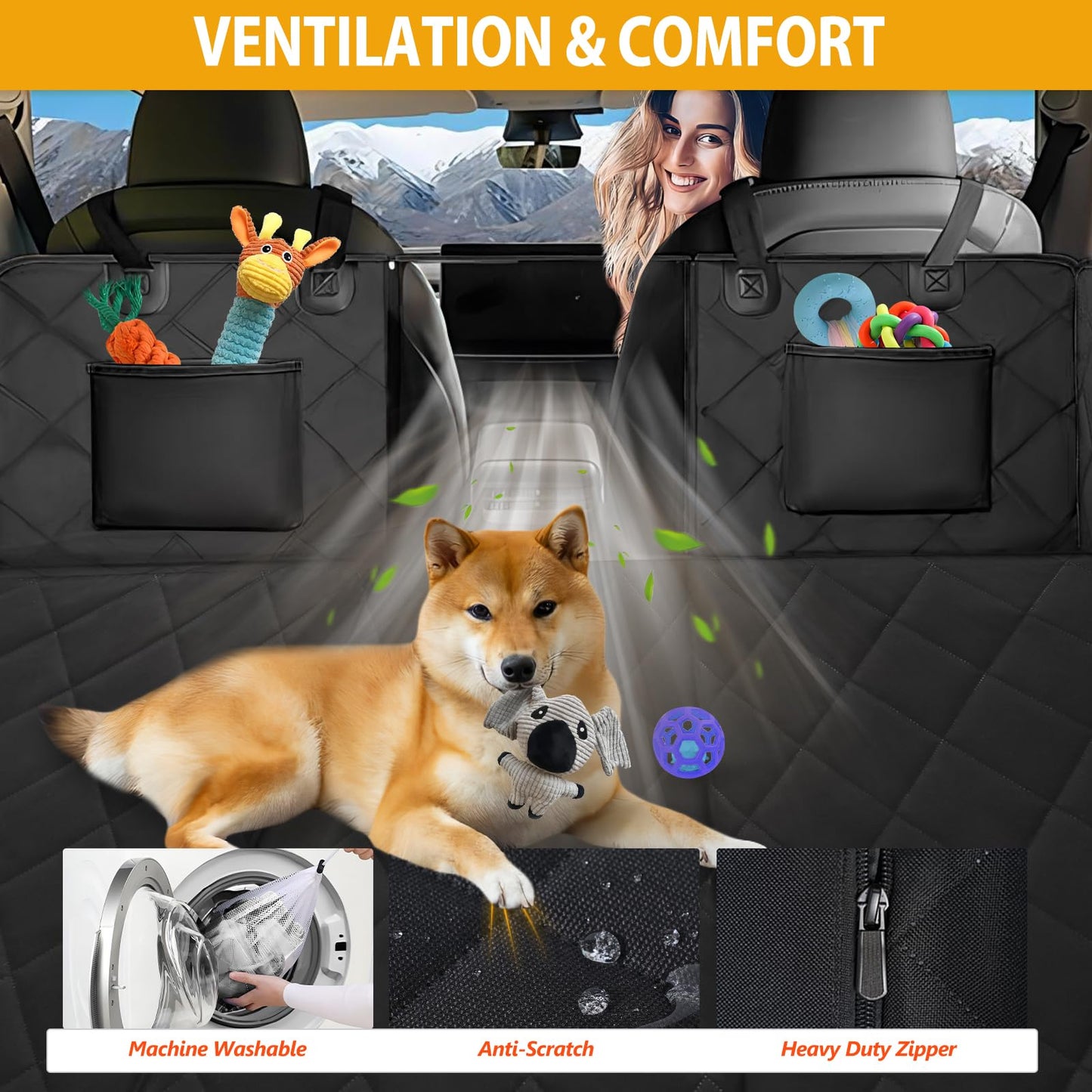ROUWINNE Back Seat Extender for Dogs-Large Space, Dog Car Seat Cover Hard Bottom Holds 400lbs, Sturdy Backseat Extender for Dogs, Waterproof Dog Hammock for Car Dog Car Bed for Car, SUV, Truck Black
