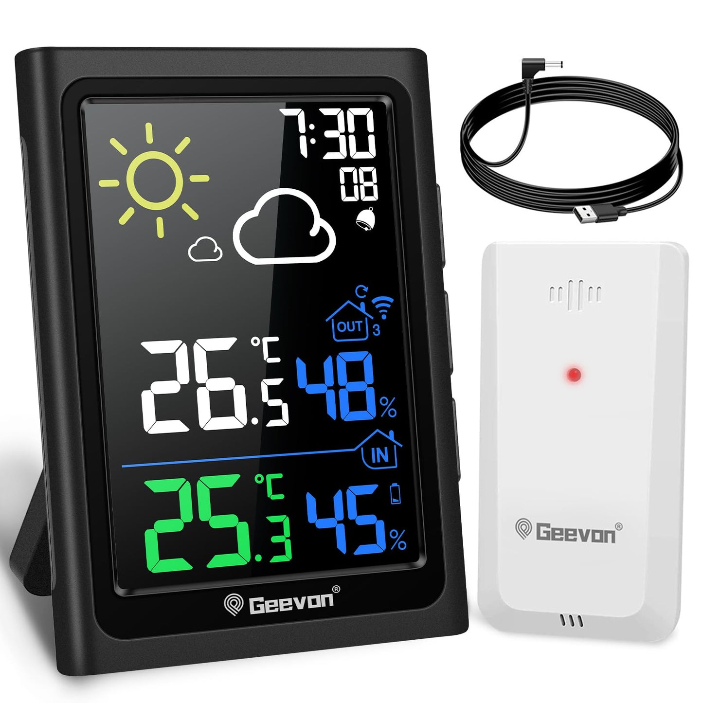 Geevon Indoor Outdoor Thermometer Wireless Weather Station, Color Display Digital Hygrometer Thermometer Temperature Humidity Monitor with Alarm Clock and Backlight