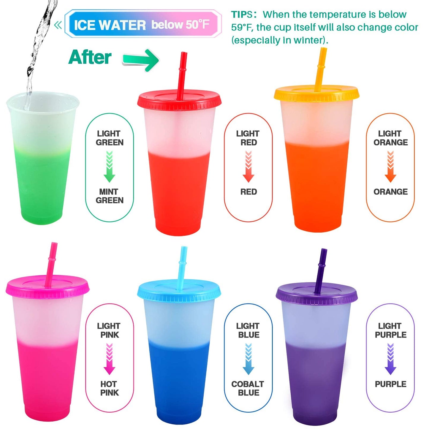 EASEVE 12 Pack 24oz Color Changing Cups Tumblers with Lids & Straws Cover - Reusable Plastic Iced Coffee Cup Party Tumbler for Adults Travel Mugs for Drinks (with Straw Cover)