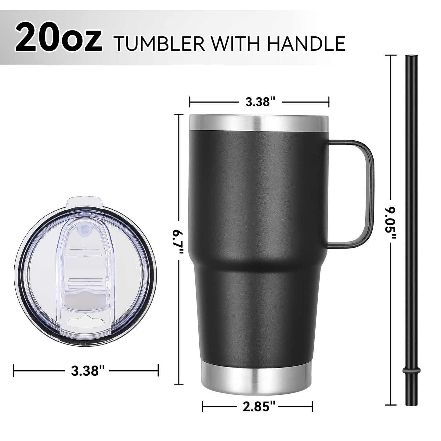 VEGOND 20 oz Tumbler Bulk with Handle Lid and Straw, Stainless Steel Insulated Travel Coffee Mug Set, Spill Proof Double Wall Metal Tumblers Cups, Black 6 Pack