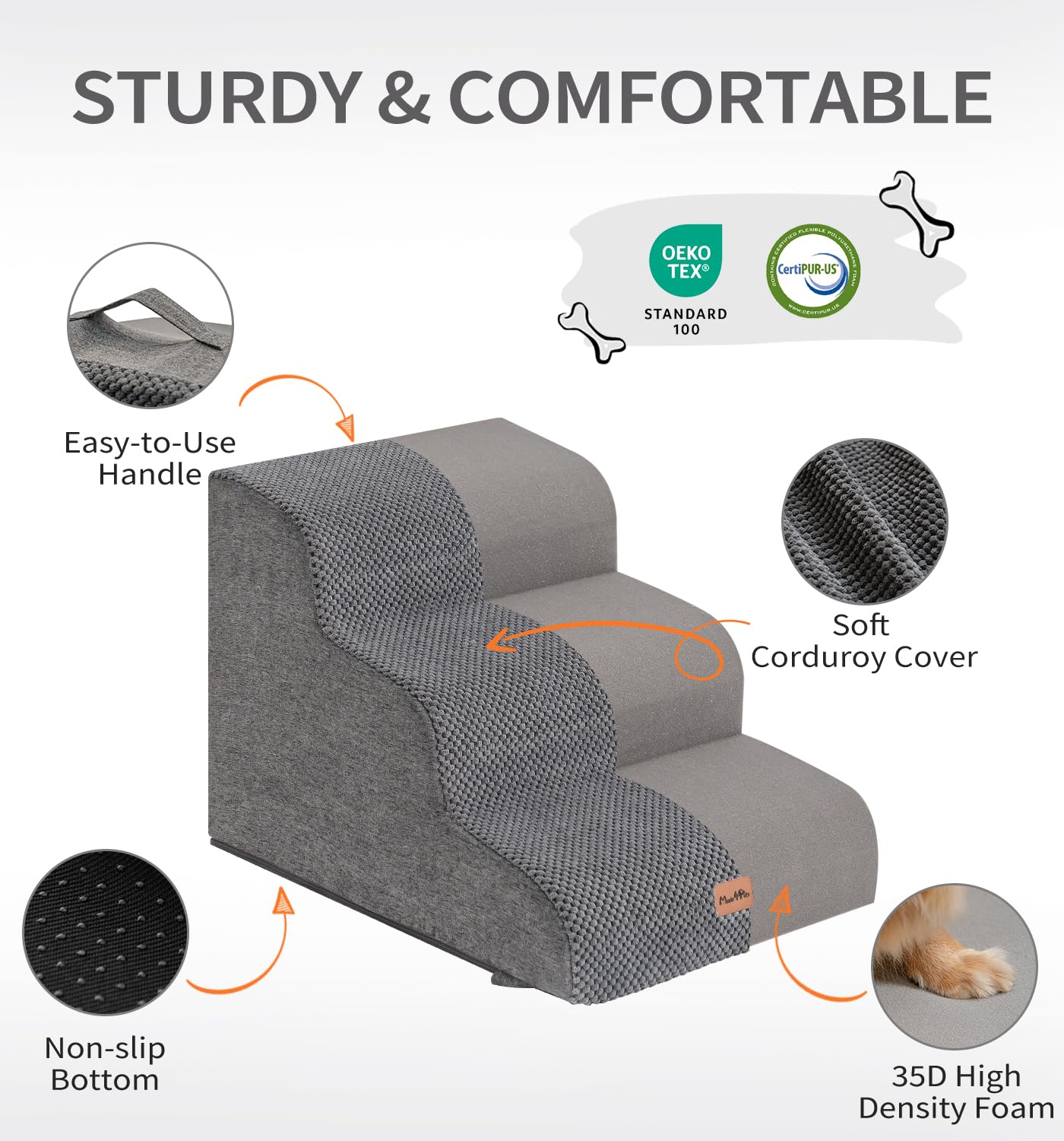 Made4Pets Dog Stairs for Small Dogs High Beds 5-Step, Curved Pet Stairs for Bed Couch Sofa & Chair, 35D Foam Dog Steps with Non-Slip Bottom, Folding Cat Stairs with Leakproof Cover, 22.8" H, Grey