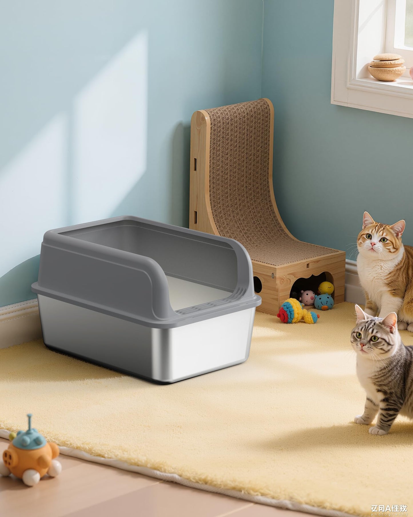 Powools Stainless Steel Cat Litter Box for Kittens, Metal Kitty Litter Box with Scoop, Anti-Leakage Top Entry, Non-Sticky, Easy to Clean, Grey, S (1 Pack)