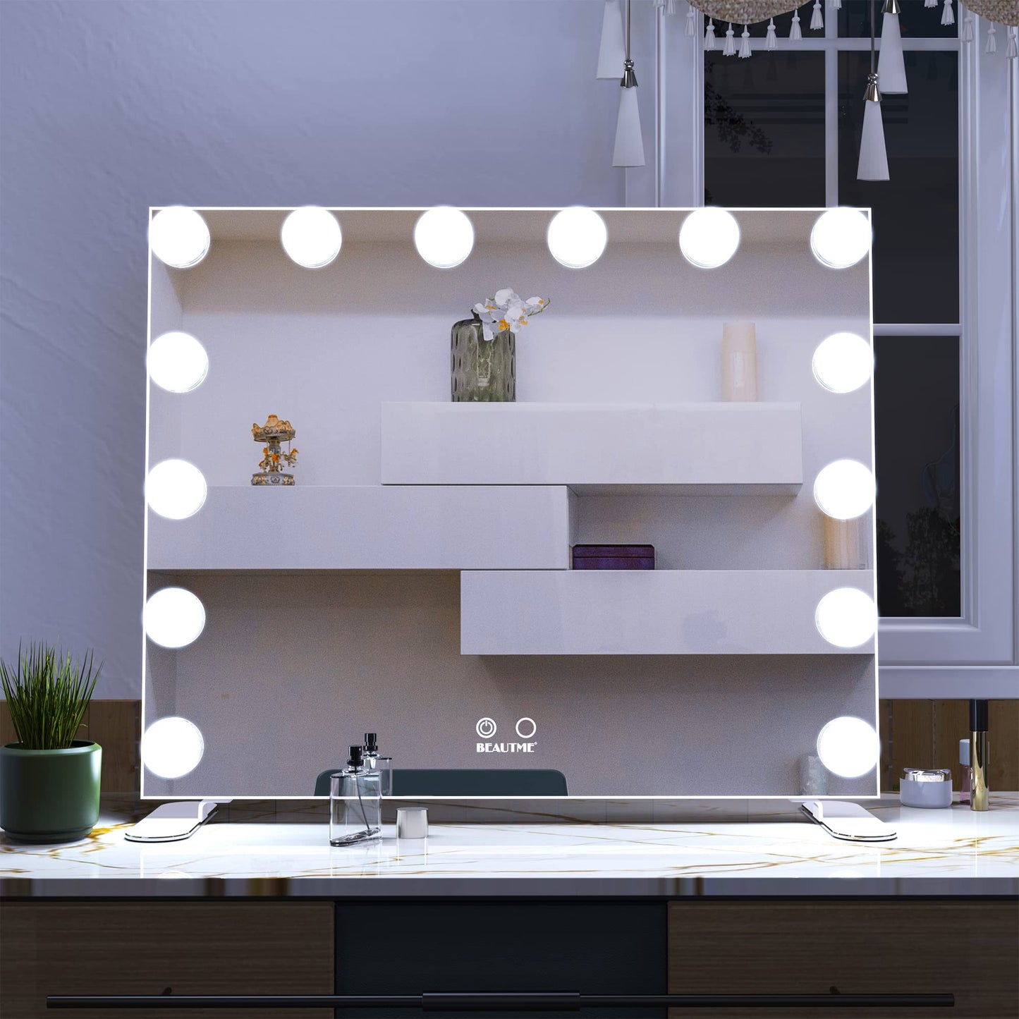 BEAUTME Vanity Mirror with Lights, 23.6" x 20" Large Makeup Mirror, Hollywood Mirror with 14 Dimmable Bulbs, 3 Color Modes & Adjustable Brightness, Detachable 10x Magnification