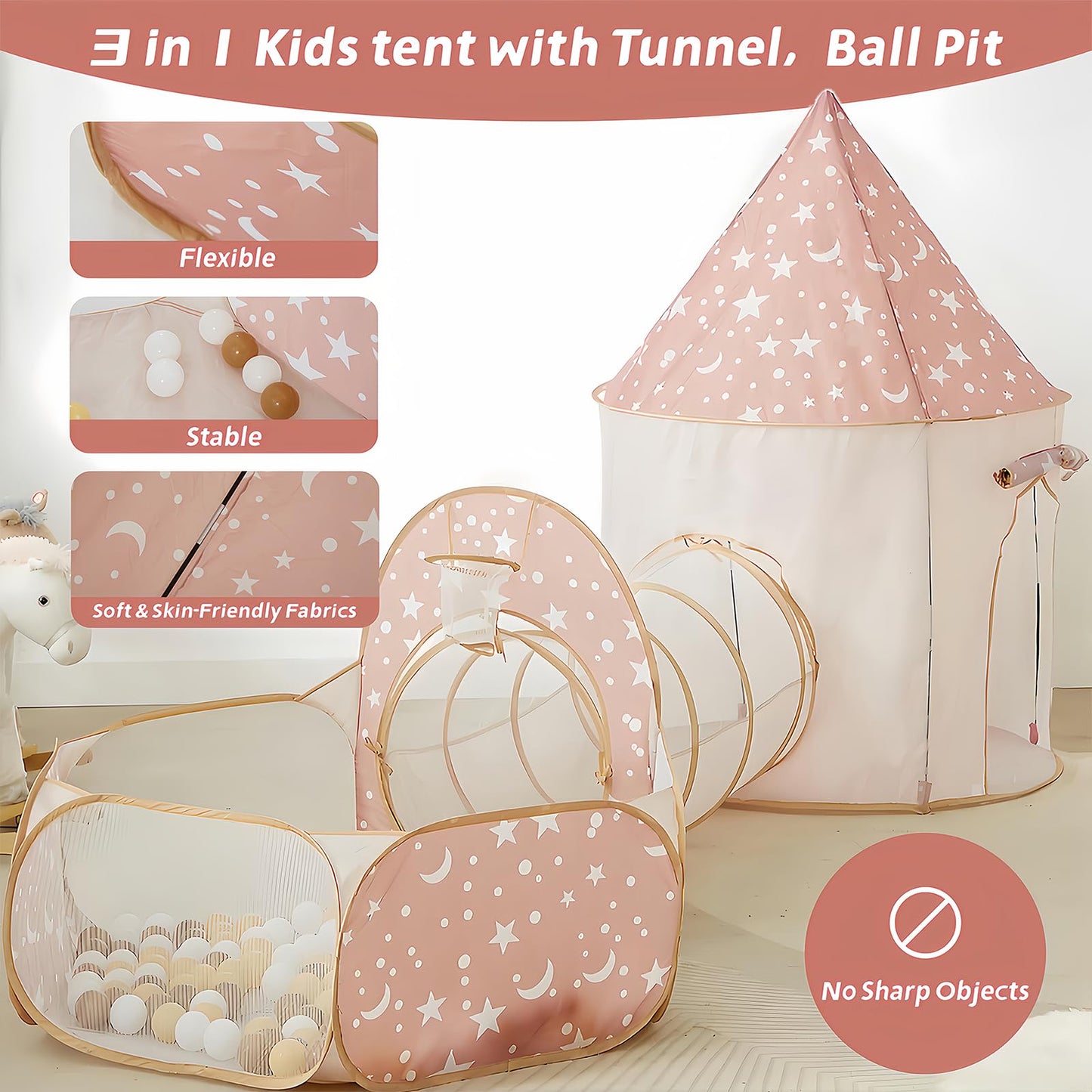3 in 1 Kids Play Tent with Tunnel, Pop Up Play Tent with Ball Pits for Toddlers and Playhouse Kids Indoor & Outdoor, Perfect Kid’s Gifts