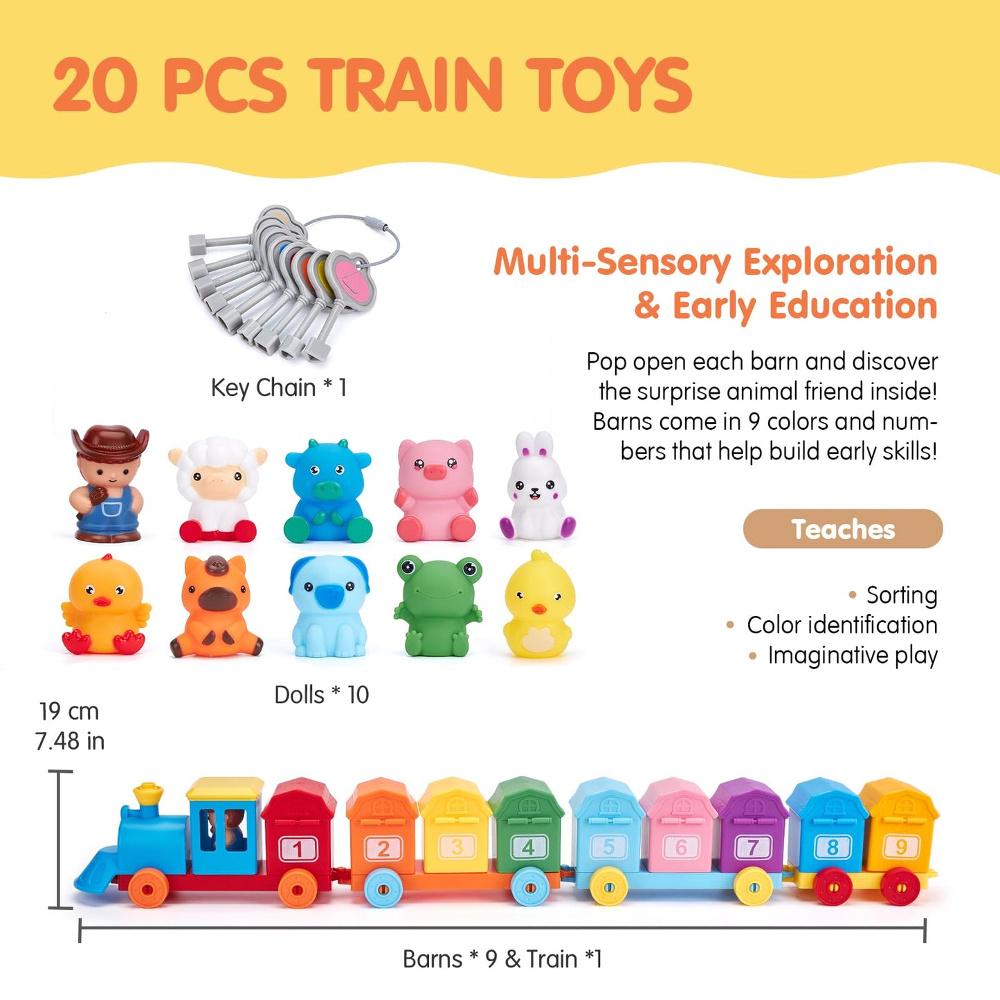 hahaland Toddler Learning Farm Train Set for Toddlers 1-3 Years - Counting Matching & Sorting Montessori Toys, Finger Puppets, Keys to Lock and Unlock Barns Birthday for Baby Boys Girls