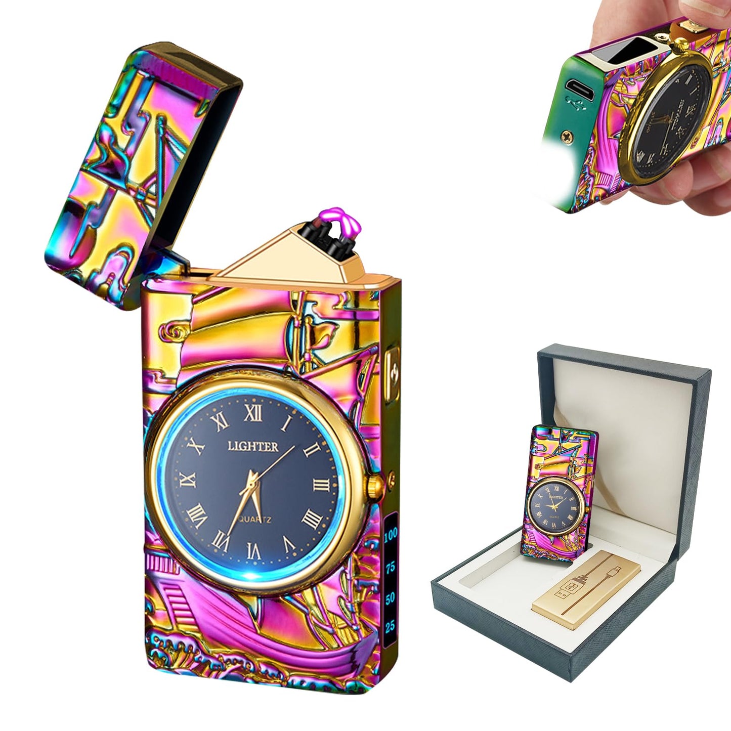 BABOBIU Electric Lighter Cool Lighter Windproof Flameless Candle Lighter USB Rechargeable Lighter with Cool Clock dial Gift for Men, Boyfriend, Husband (Colorful)