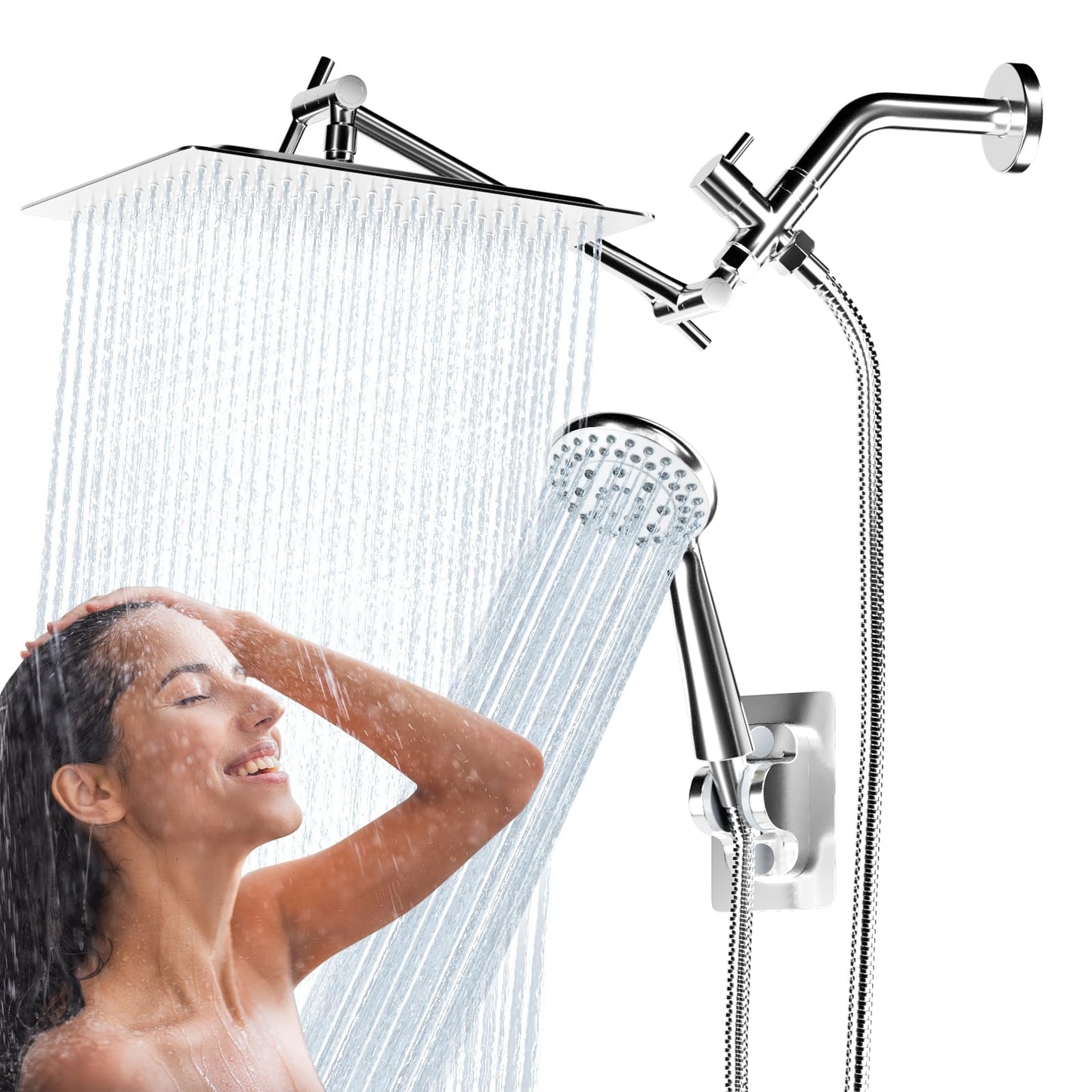 Shower Head, 8'' Rain Shower Head with Handheld Spray, High Pressure Rainfall Showerhead Combo with Adjustable Shower Extension Arm 5 Modes Handheld Shower Heads Detachable Dual Shower, Chrome