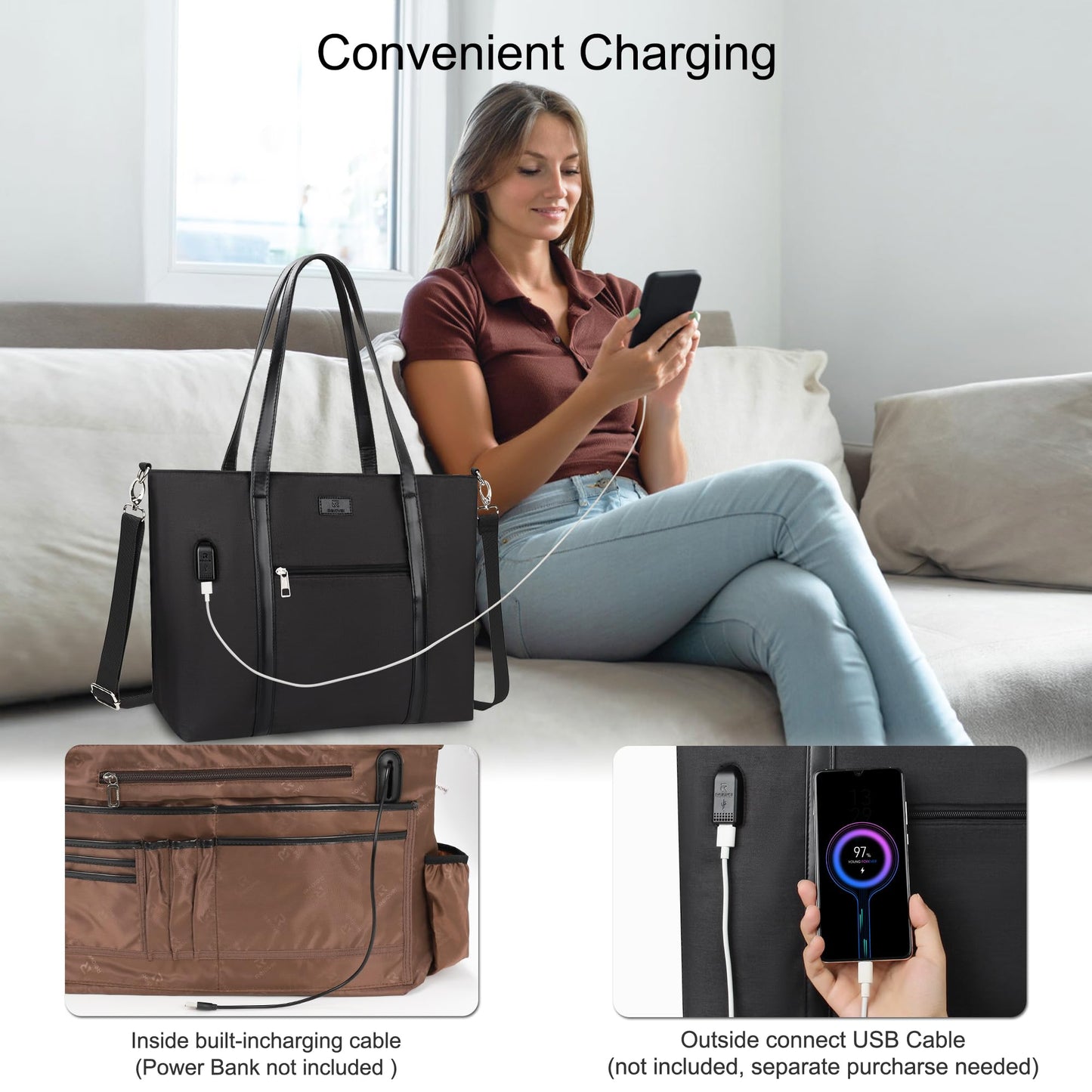 Laptop Bag for Women 17.3 Inch Laptop Tote Bag Large Work Tote Bag Waterproof Work Bag Teacher Bag with USB Charging Port Computer Tote Bag Nylon Handbag Satchel Shoulder Bag(17.3 inch, Black)