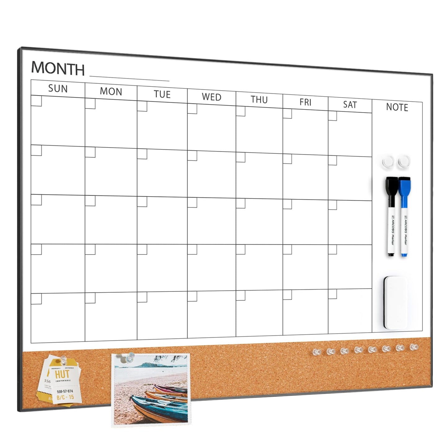 ARCOBIS Dry Erase Calendar with Cork Board for Wall, 24"x 18" Magnetic Calendar Whiteboard with Black Frame, Monthly Combination Board for School, Home, Office