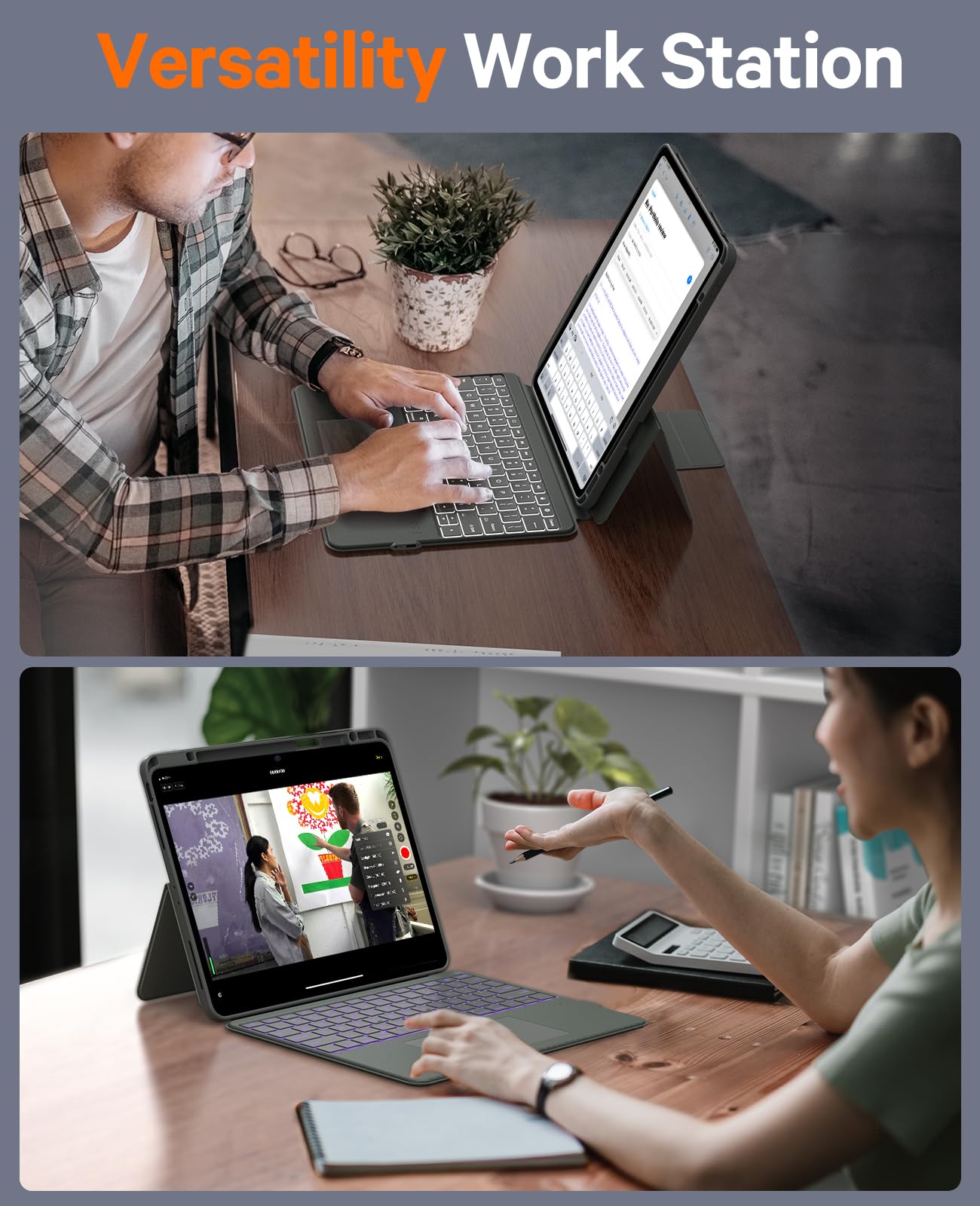 CHESONA for iPad Air 13 Inch (M3/2025, M2/2024) & iPad Pro 12.9 Case with Keyboard, Portrait/Landscape, Rugged Magnetic Detachable Case with 7-Color Backlit, Smart Trackpad, 15°-180° Adjustable, Gray