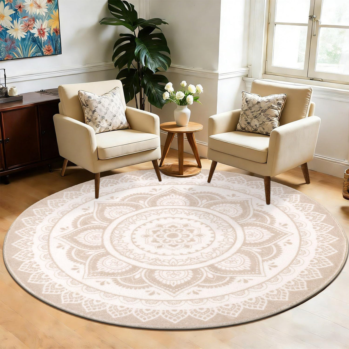 HEBE 5.25 Ft Large Round Area Rug Soft Chic Bohemian Mandala Rugs Machine Washable Non Slip Indoor Sofa Floor Area Mat Carpet for Living Room Sofa Bedroom Nursery Decor