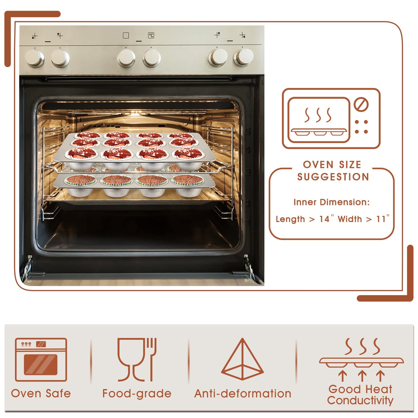 Muffin Pan Cupcake Baking Pan Set of 2, P&P CHEF 12 Cups Muffin Tin Tray, Stainless Steel Muffin Pans for Baking Mini Cake Tart Quiche, Oven & Dishwasher Safe, Non-Toxic & Heavy-Duty