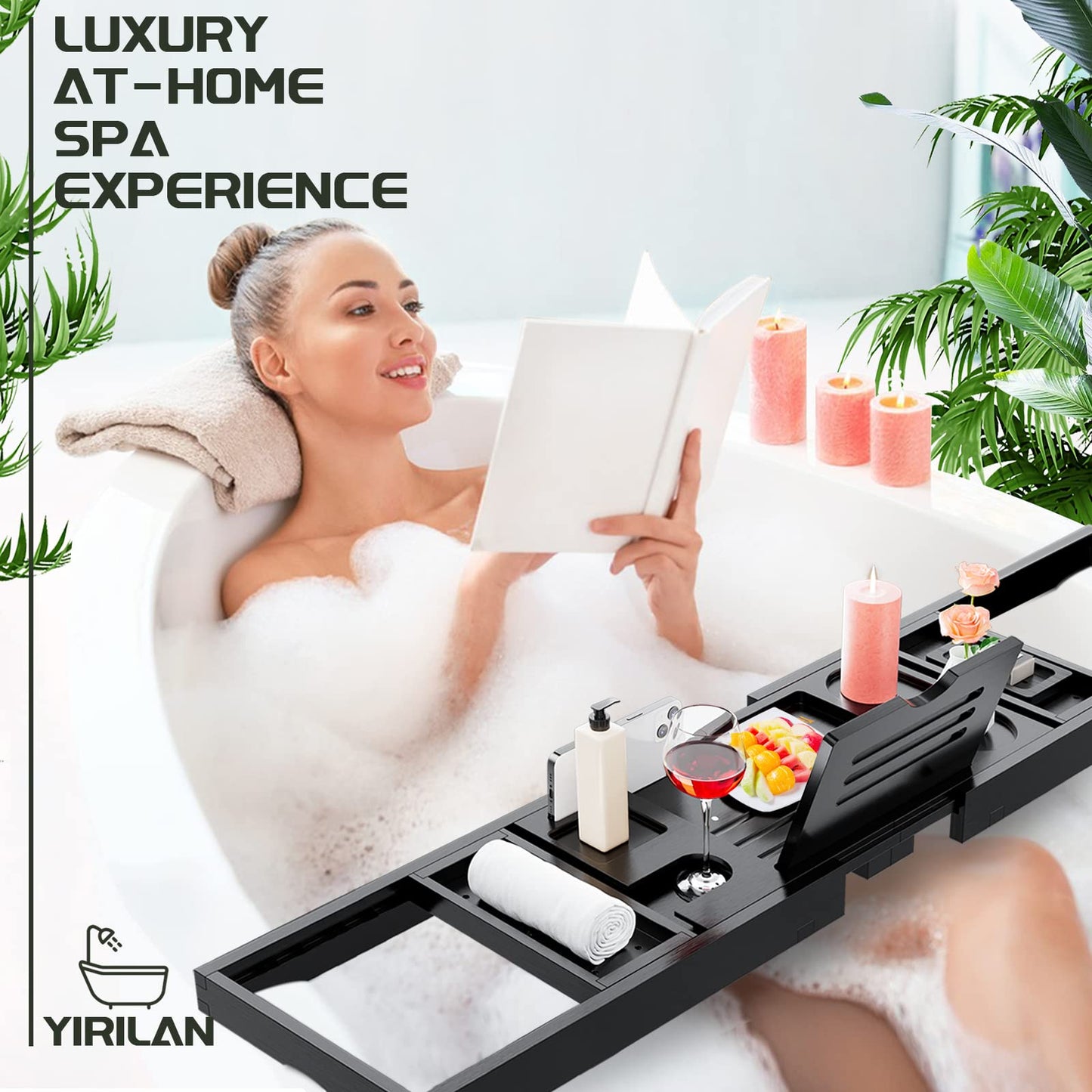 Adjustable Bathtub Caddy Tray, Bamboo Retractable Bathtub Tray, Bathroom Tray for Books, Tablets, Mobile Phones, Suitable as Gifts, Black