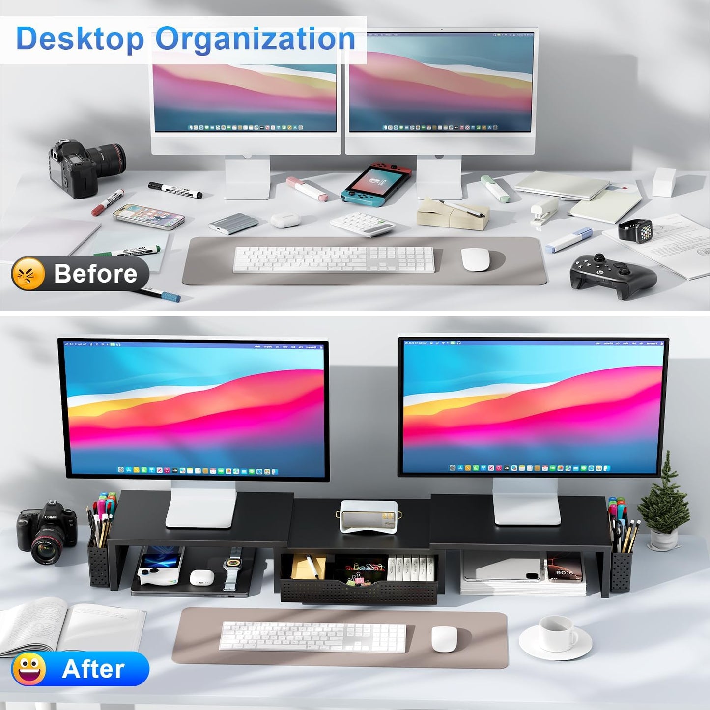 Dual Monitor Stand Riser, Metal Desk Accessories with Drawer and 2 Pen Holder, Adjustable Length and Angle - Computer Monitor Stand for Screen, Computer, Printer (Black)