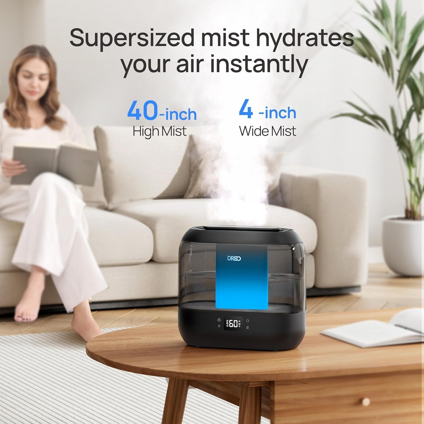 DREO Smart Humidifiers for Bedroom, Top Fill 4L Supersized Cool Mist Humidifier with Nightlight, 36H Runtime, Touch/APP/Voice Control, Quiet Ultrasonic Humidifiers for Large Room, Baby, Plants