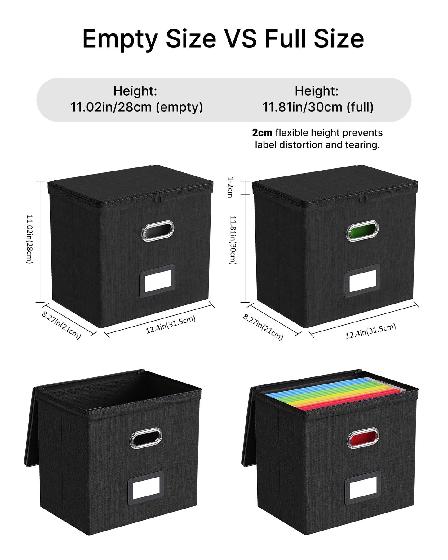 Oterri Zipper File Boxes with Lids, Letter Size File Organizer with Mesh Pockets, Portable Filing Box with Handle, Zippers Document Organizer Storage Box for Office/Home/School (2 Pcs, Black)