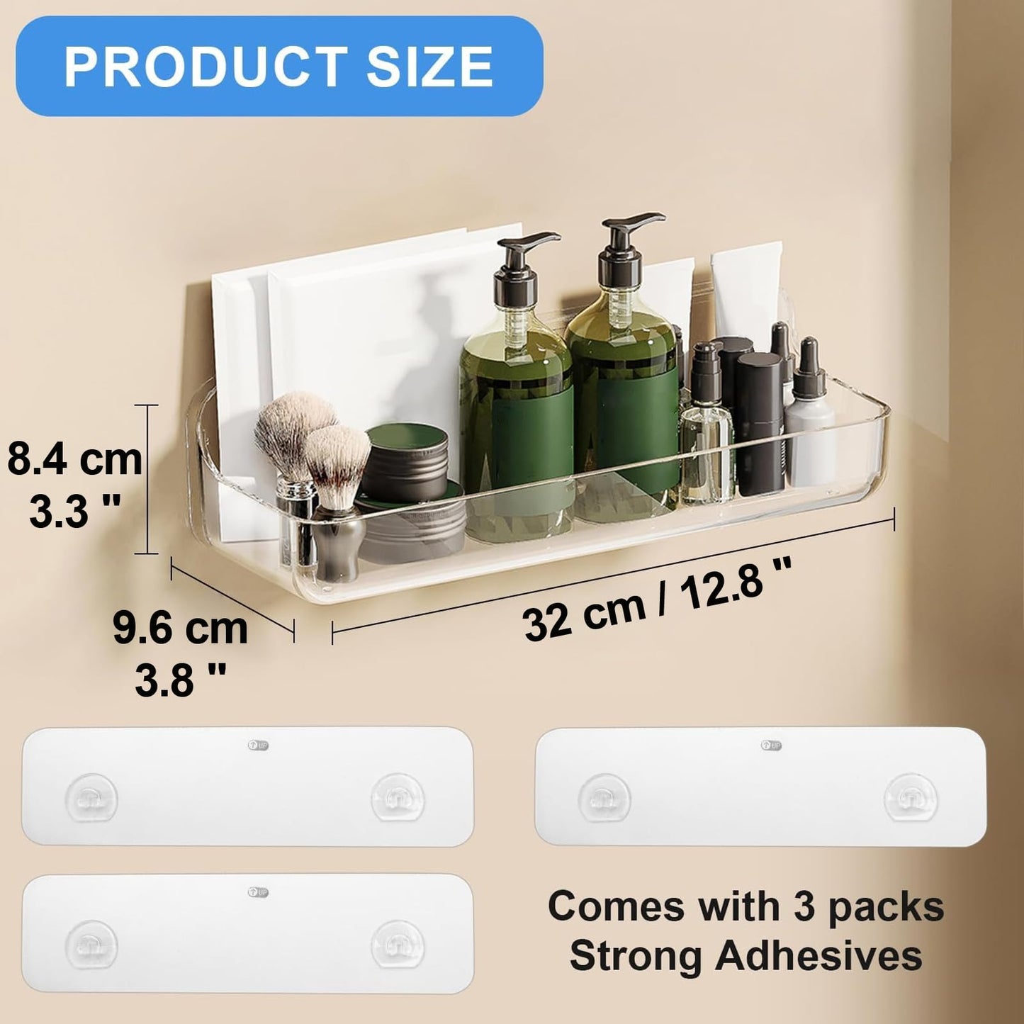 Diesisa 2pc Plastic Wall Mount Organizer, Adhesive Shelf, Bathroom Shelves for Wall, Acrylic Adhesive Organizer, No Drilling Hang Walls, Stick on Shelf, for Bathroom, Kitchen, Living Room