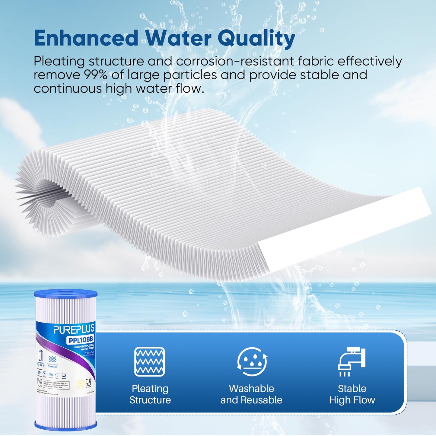 PUREPLUS 10" x 4.5" Whole House Pleated Sediment Filter for Well Water, Replacement Cartridge for GE FXHSC, Culligan R50-BBSA, Pentek R50-BB, DuPont WFHDC3001, American Plumber W50PEHD, GXWH40L, 4Pack