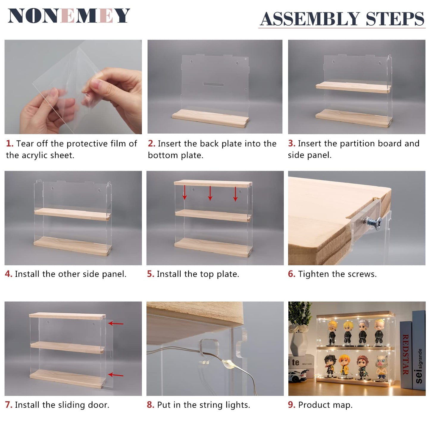 NONEMEY Clear Acrylic Display Case Stand with Wood Base 2 Tier、3 Tier、12/24 Compartments Storage Box Wall Mount Showcase Dustproof Organizer Box for Collectibles