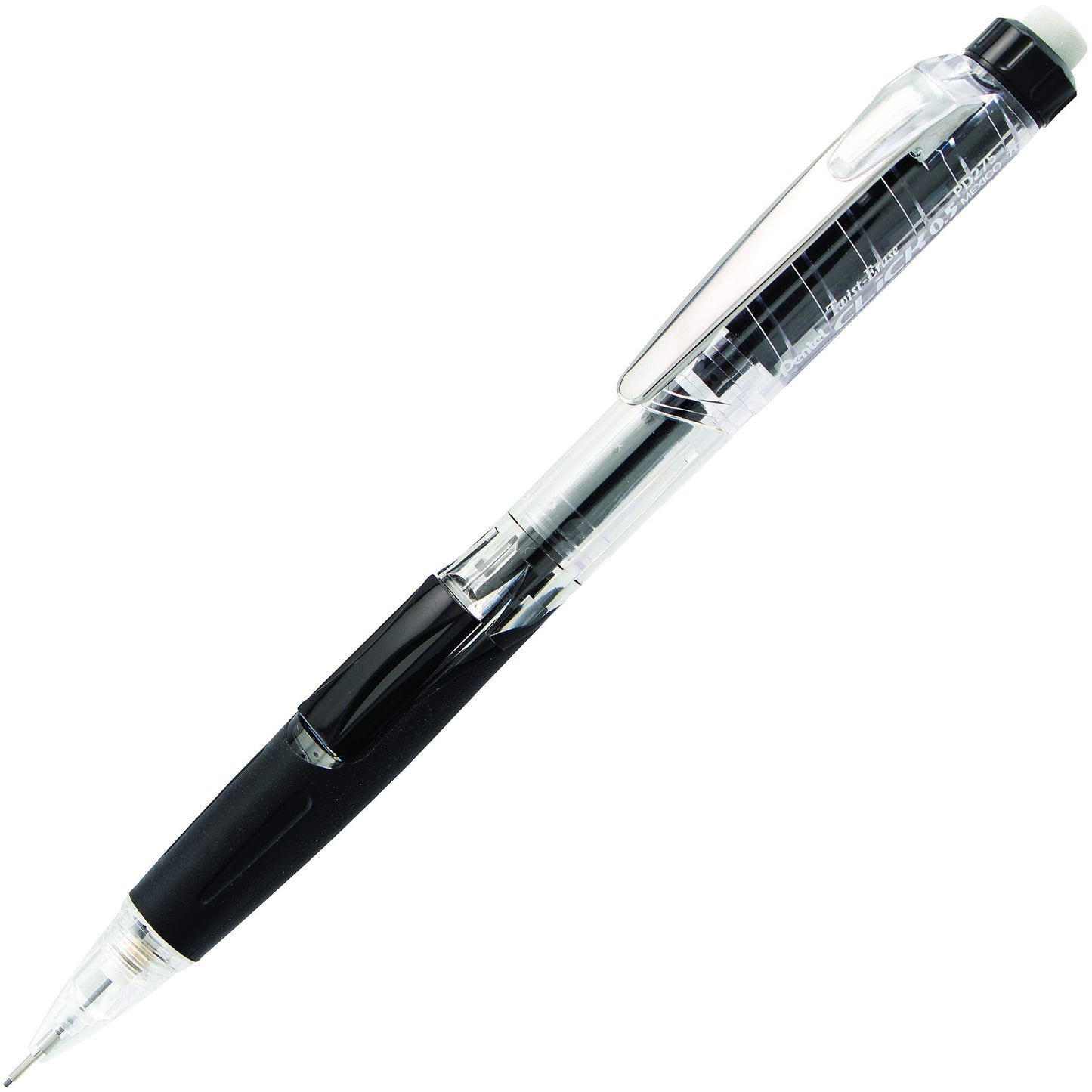 Pentel Twist-Erase Click Mechanical Pencil with Side Click Lead Advance, 0.5mm Fine Point, Large Retractable Eraser, Black Barrel, PD275TA, Box of 12