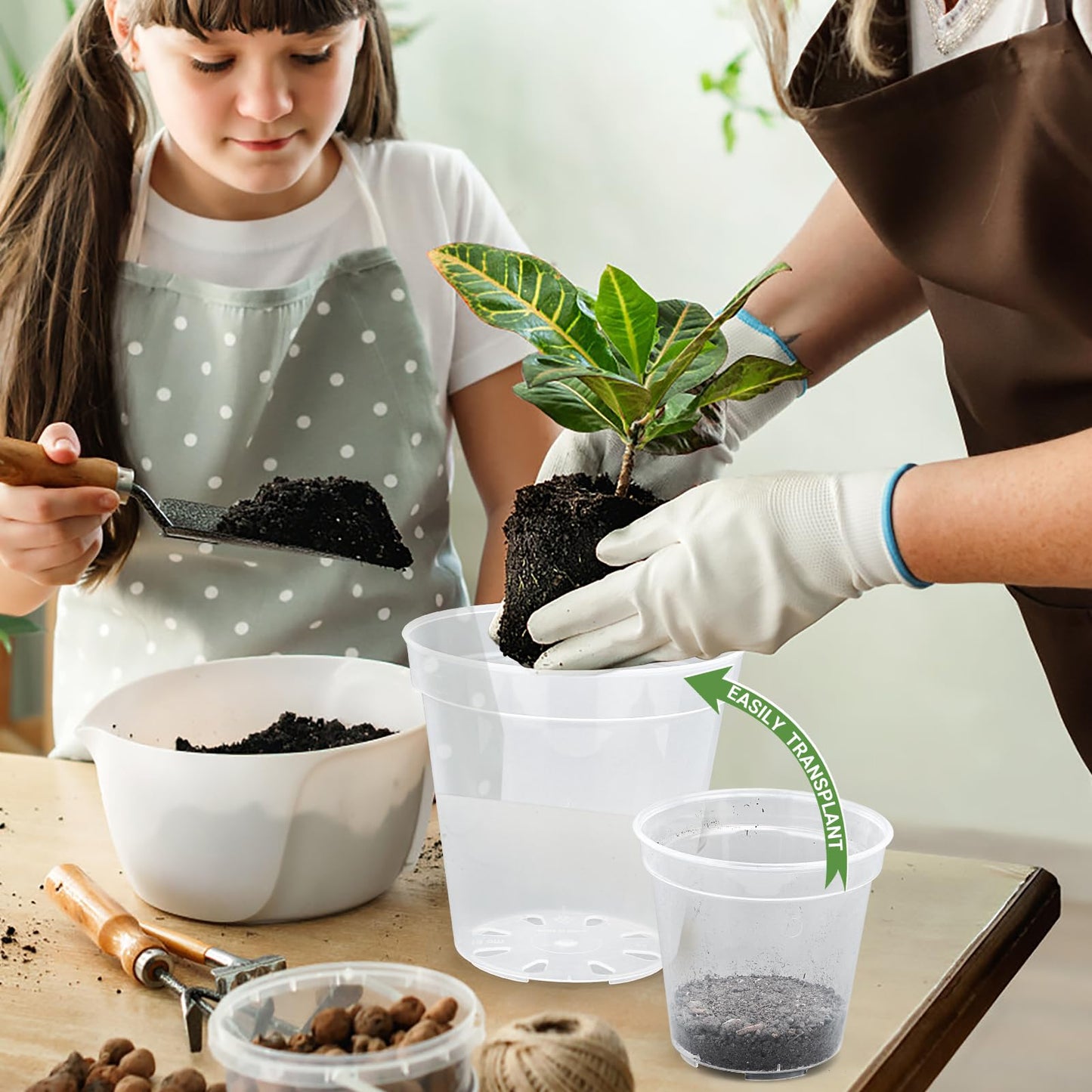 GREANER Clear Plant Pots, Plastic Planters for Indoor Plants, Seed Starting Pot with Drainage Holes, 4/5/6/7/8 Inch(10 Packs)