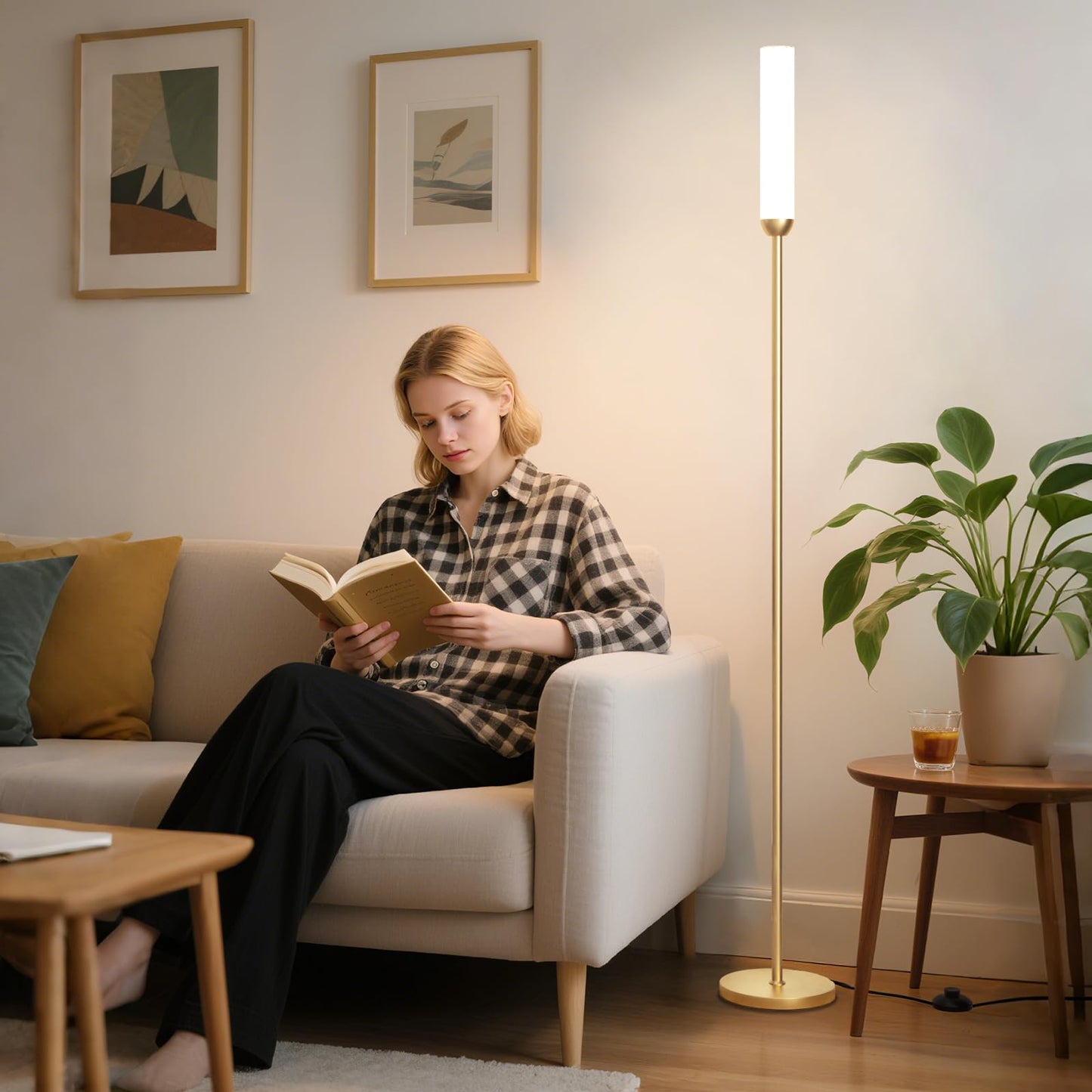 Ambimall 65'' Remote-Controlled LED Floor Lamp, 3000K-6500K Stepless Colors Temperature Adjustable, 5%-100% Dimmable Brightness, Foot Switch, Bright Floor Lamps for Living Room（Gold）