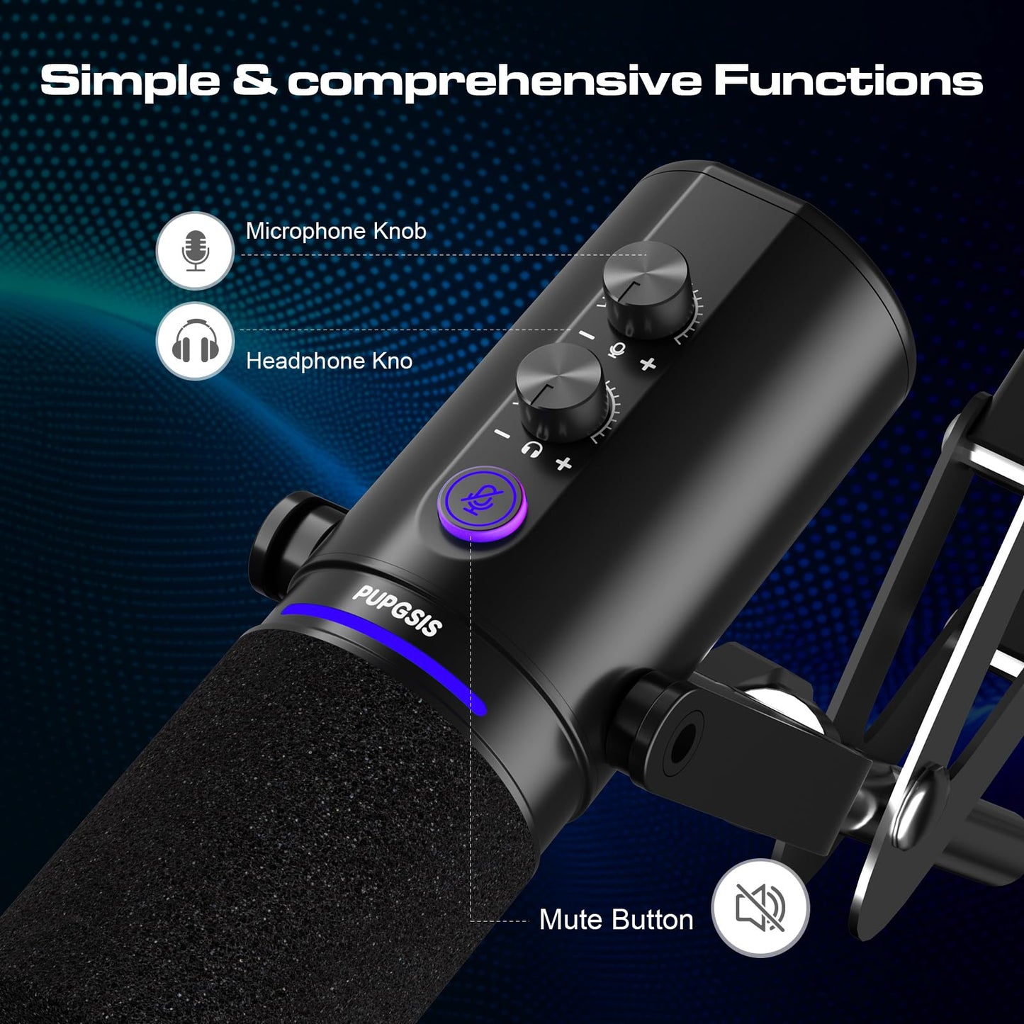 PUPGSIS USB/XLR Dynamic Microphone, 24Bit/96kHz Studio Recording, Gaming Mic with RGB, Mute, Noise Cancellation & Headphone Jack for PC, Podcast, Streaming, Singing (Black)