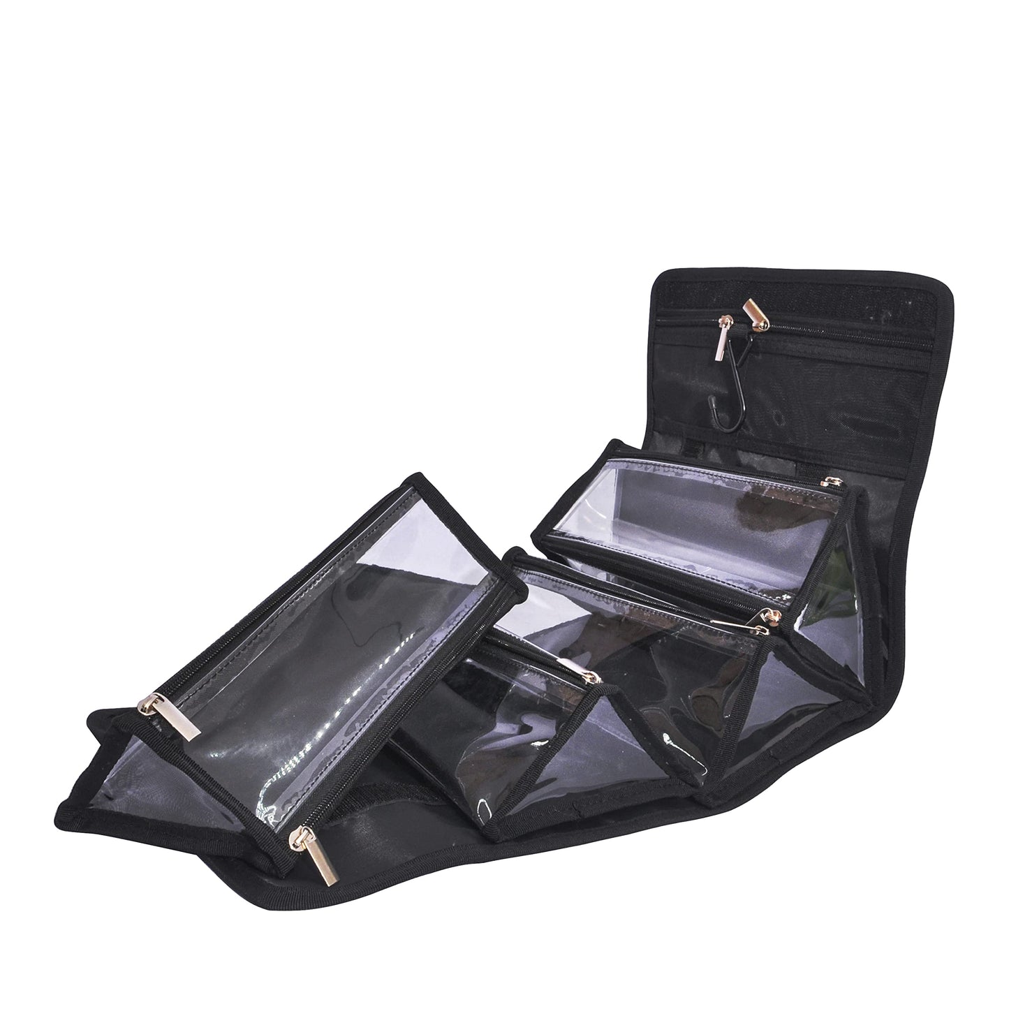 Jula Vance Large Capacity Hanging Eco Polyester Travel Toiletry Bag Makeup Cosmetic Bag 4-in-1 Roll-Up Make Up Storage Organizer With 4 detachable Removable Zipper Clear TPU Pouches & Hook, Grey,