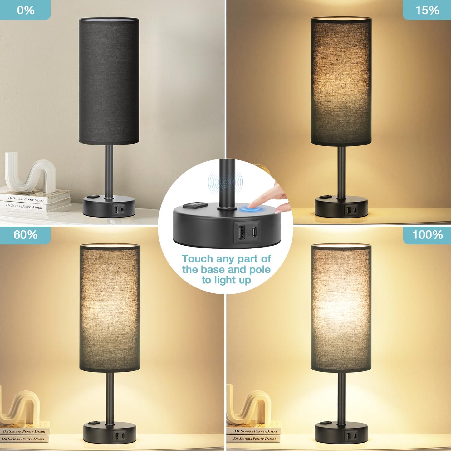 Fenmzee Black Bedroom Lamp for Nightstand - 3 Way Dimmable Bedside Lamp USB C A Charging Ports and AC Outlet, Small Table Lamp Black Base for Living Room, Office Desk, LED Bulb Included
