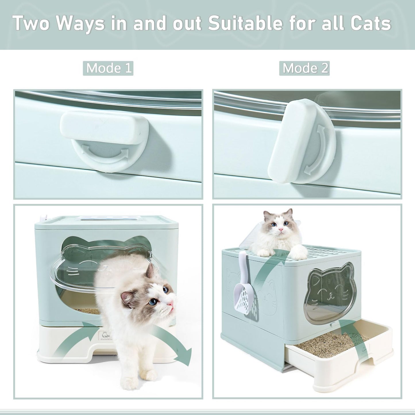 HelloMiao Fully Enclosed Cat Litter Box with Lid, Foldable Extra Large Cat Toilet, Drawer Type Cat Litter Tray with Plastic Scoop, Suitable for Cats Under 17.6Ib(8kg)
