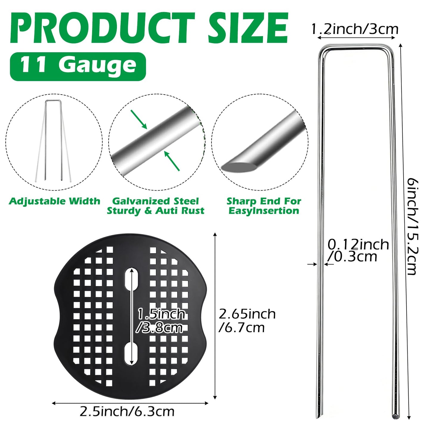 SearQing 500 Pack Landscape Staples and 50 Pack Gaskets,6" Galvanized Steel Garden Staples with Black Pads,Landscape Pins Turf Staples for Securing Weed Barrier Fabric Artificial Grass