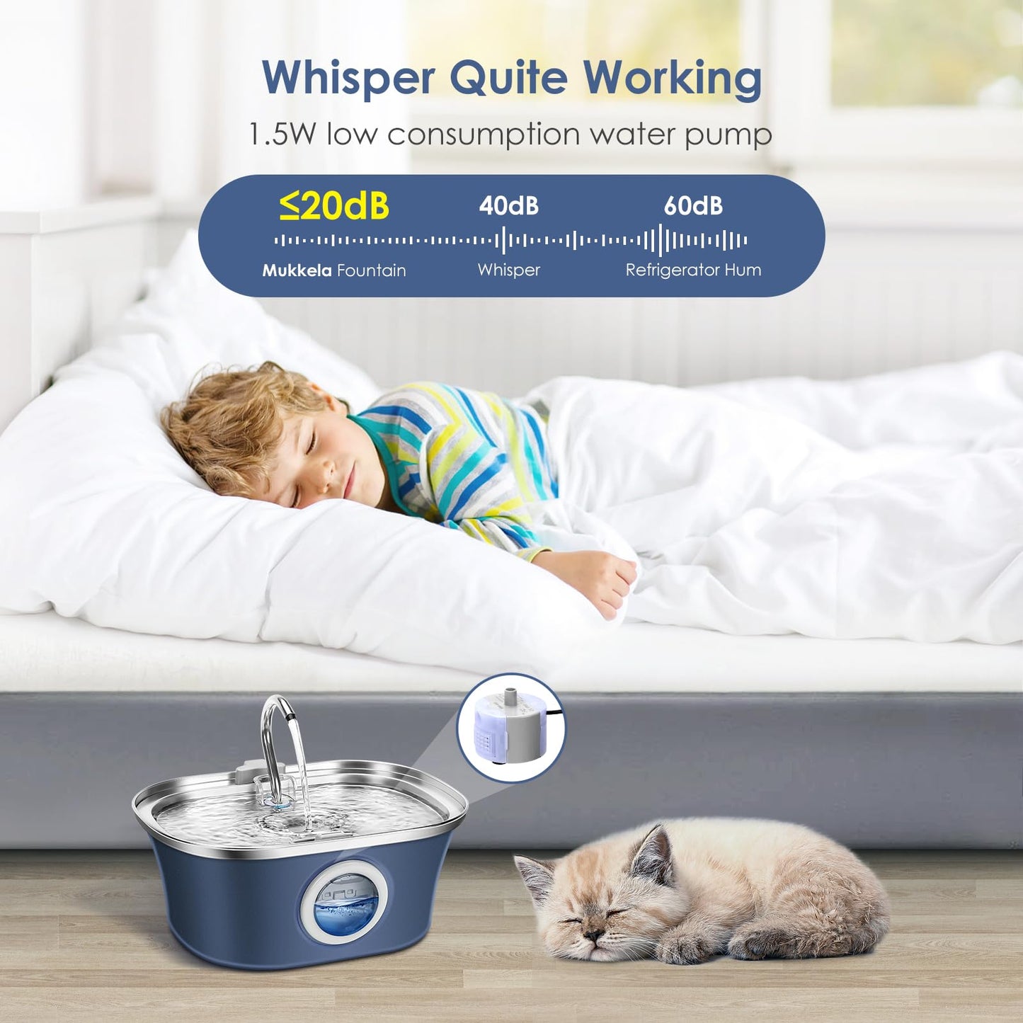 Cat Water Fountain, 3.2L/108oz Automatic Stainless Steel Pet Water Fountain with Water Level Window, Pet Water Dispenser Cat Drinking Feeding Fountains with Ultra-Quiet Pump for Pets, Navy(1 Brush)