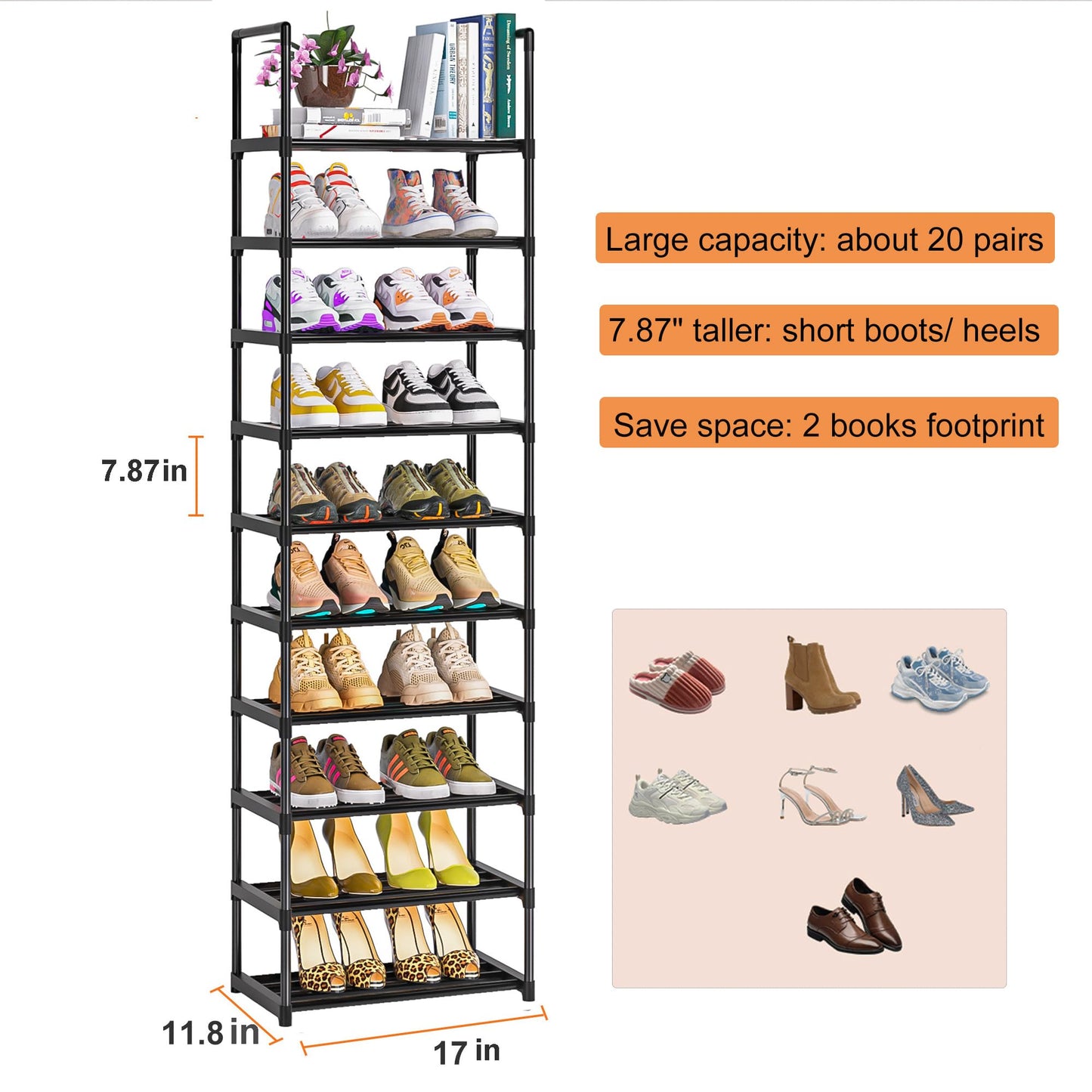 OYREL 10 Tier Shoe Rack,Sturdy Metal Shoe Organizer, Narrow Shoe Rack, Shoe Racks for Closets, Black Shoe Shelf
