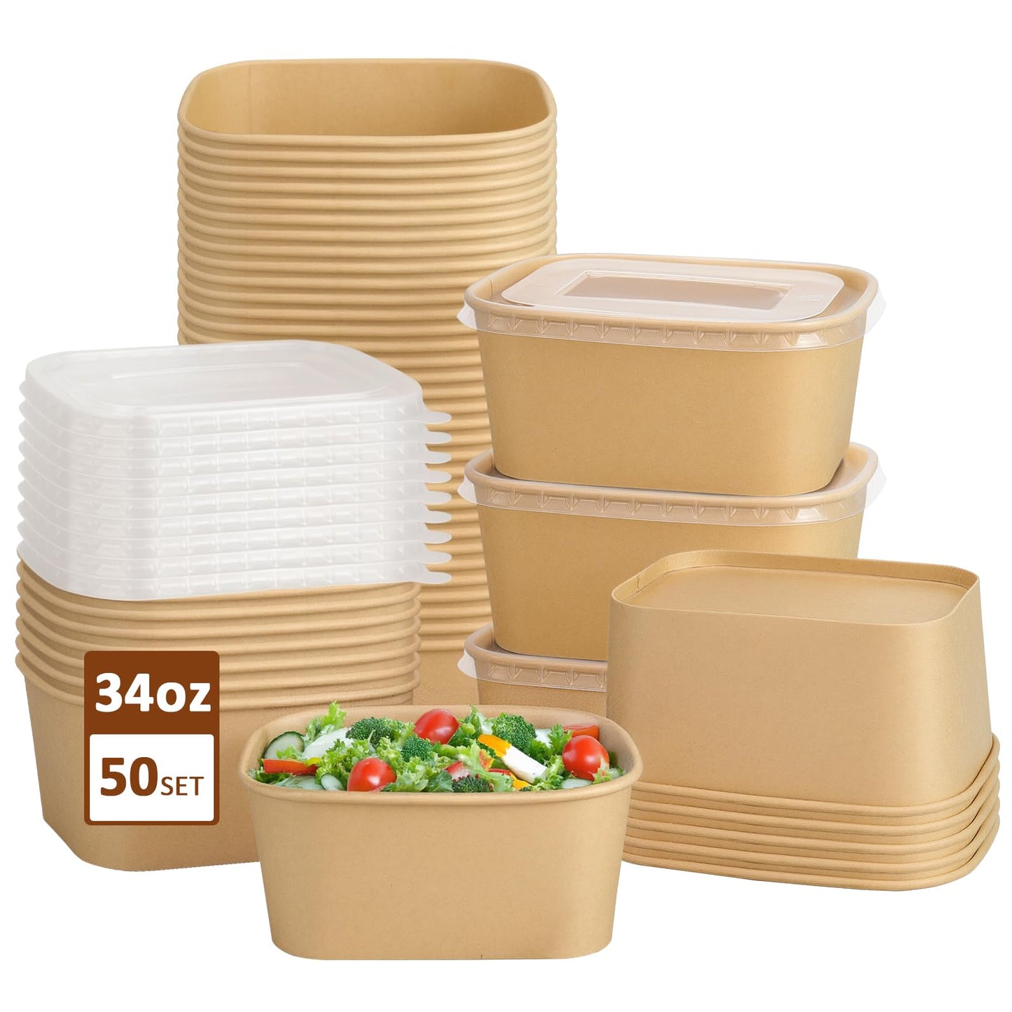 1000ml Disposable Paper Bowls with Lids, 50 Sets Large Kraft Paper Salad Bowls, Non-Spill Meal Prep Food Container for Restaurant Soup Noodle Hot Cold Takeout (33oz)