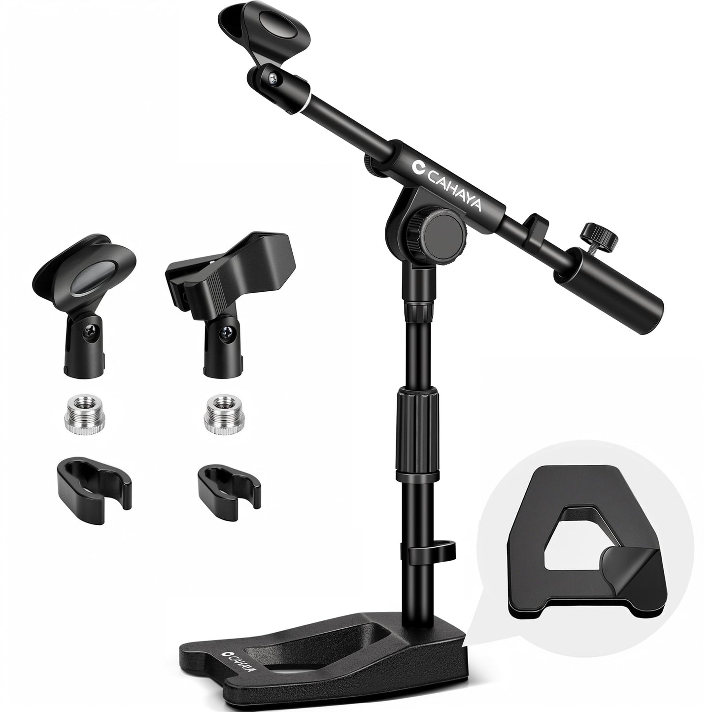 CAHAYA Desk Mic Stand Adjustable - Sturdy Microphone Stand Desktop Metal Weighted Base A-frame Table Mic Mount with 2 Mic Clips 3/8" to 5/8" Screw Adapter Mic Mount for Singing Stage Performance