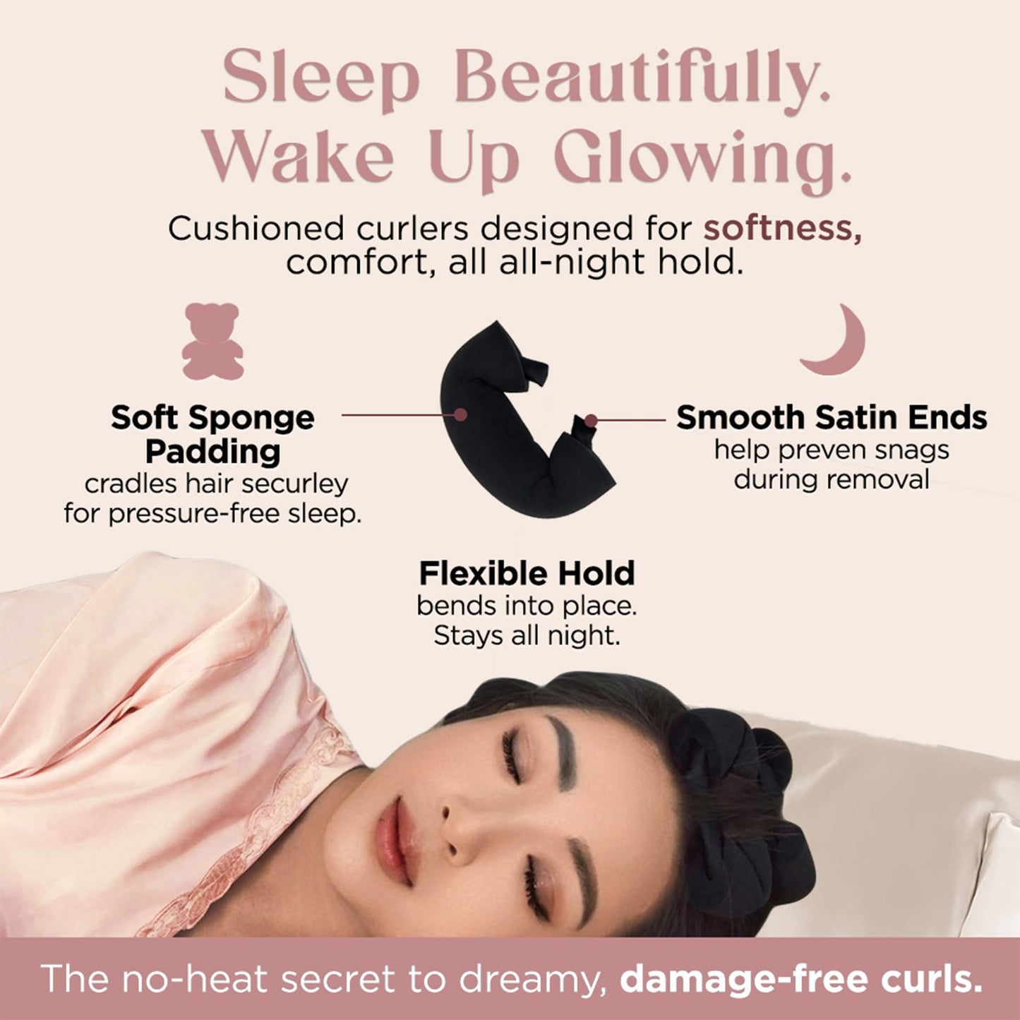 Heatless Hair Curlers – Overnight Foam Rollers for Sleeping, No Heat Curlers for Women, Satin-Wrapped Ends & Soft, 8pc Set for Hollywood Blowout Curls (Black)