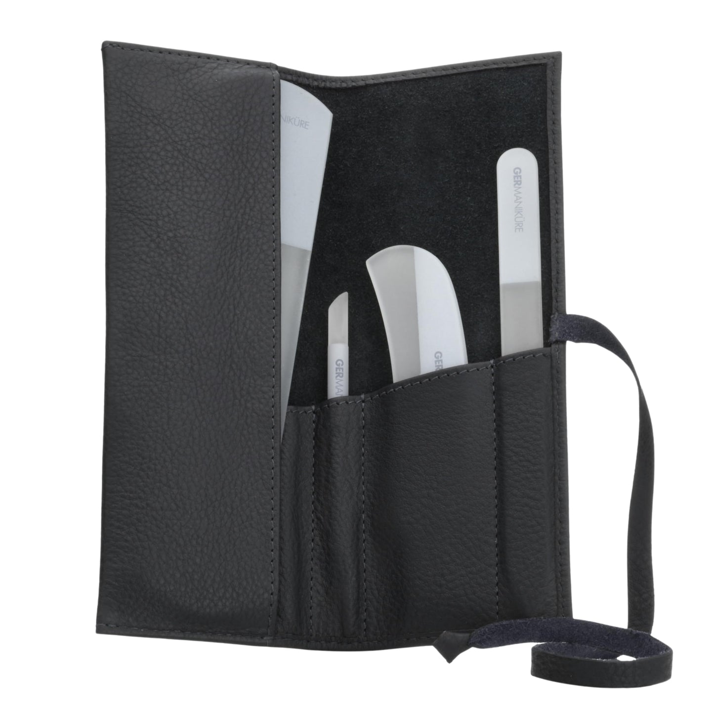 4pcs Manicure Set Genuine Czech Crystal Gray Glass Nail File Moon File Manicure Stick Pedicure Foot Care Bar in Black Leather by GERmanikure