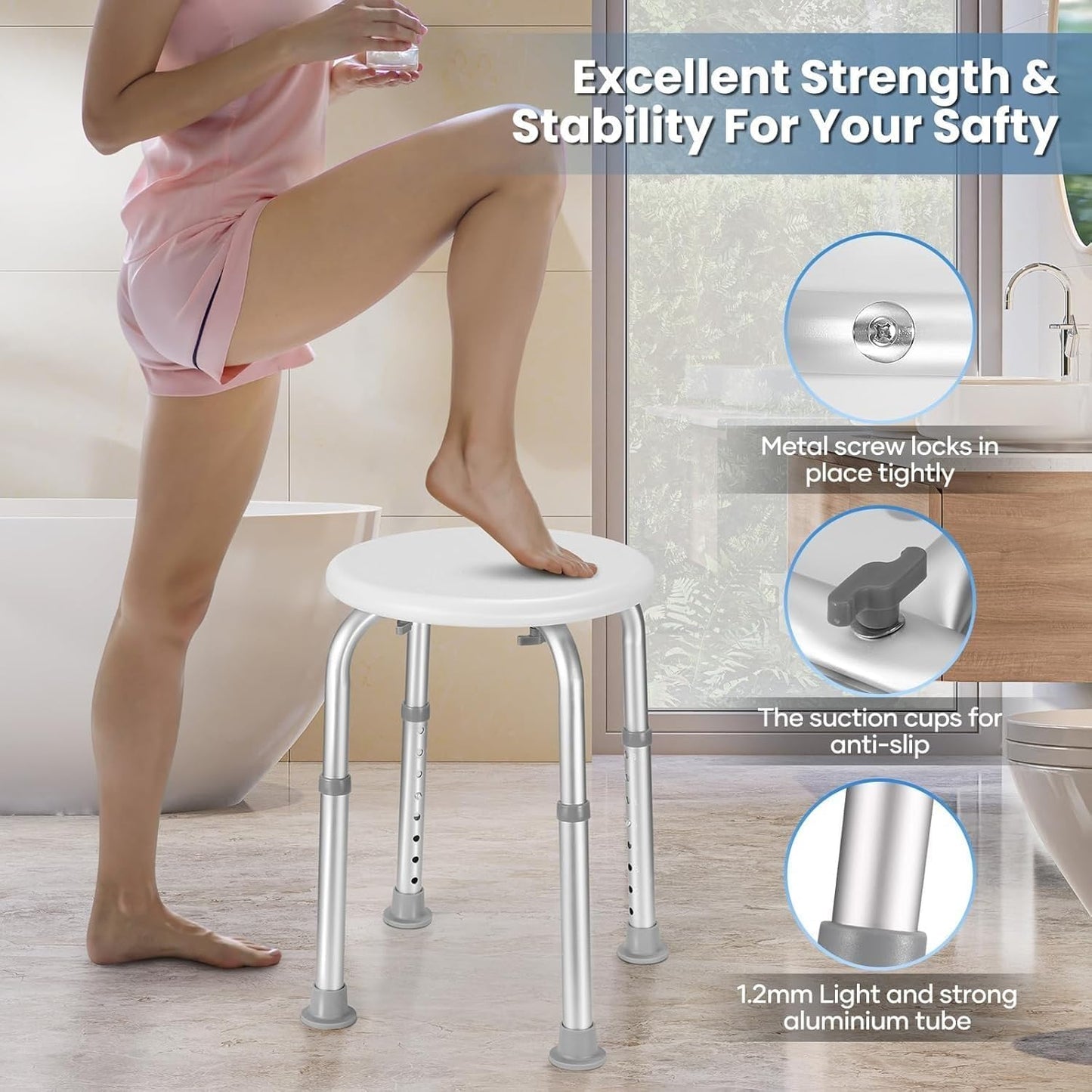 Careboda Adjustable Bath Chair for Inside Shower, Shower Stool with Upgraded Stainless Steel, Tool-Free Assembly, 8 Adjustable Heights for Seniors, Elderly, Pregnant, Handicap & Disabled (CBS01G)