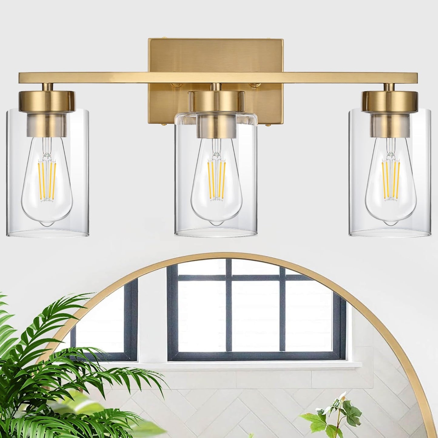 A1A9 3-Light Bathroom Vanity Light, Modern Brushed Gold Wall Lights with Clear Glass Shades, Bathroom Wall Sconce Lamp for Mirror Living Room Bedroom Hallway