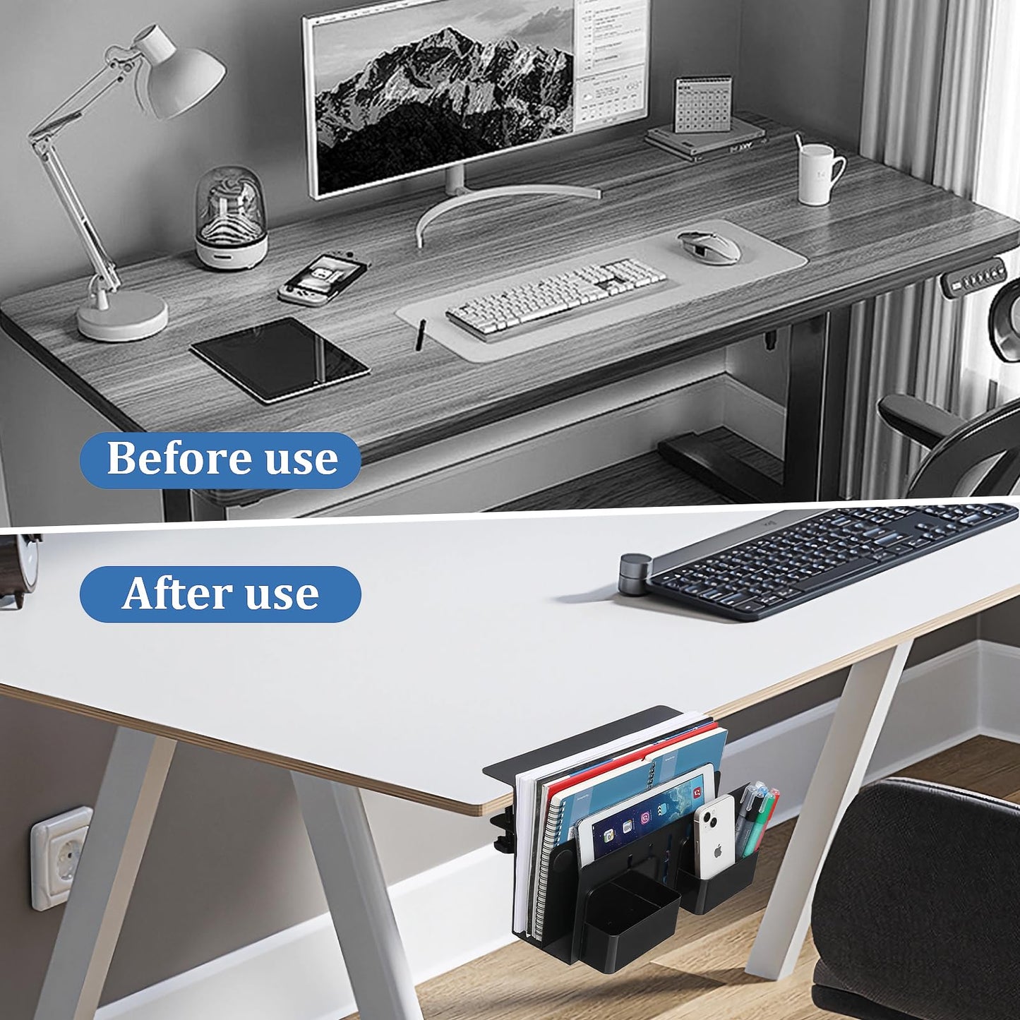 Desk Side Storage, Under Desk Laptop Mount, Table Side Hanging File Organizer Laptop Holder, No Drill Clamp On Cable Management Tray with 2 Magnetic Pen Holder for Office and Home, Load 22 Lbs