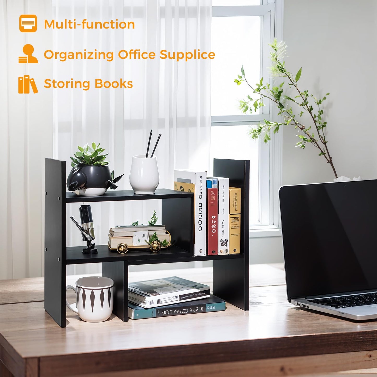Olyzer Desktop Bookshelf Organizer, Adjustable Display Shelf Rack Office Storage Desk Shelf Free Style Display Stand Shelf Rack for Home Decor, Office (Black)