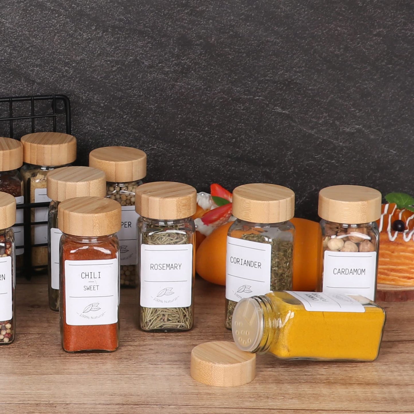 16 Pack 4 oz Small Square Glass Spice Jars with Bamboo Lids, 120 ml Empty Spice Containers with Shaker Lids & Blank/Printed Labels for Kitchen Cabinet Organization