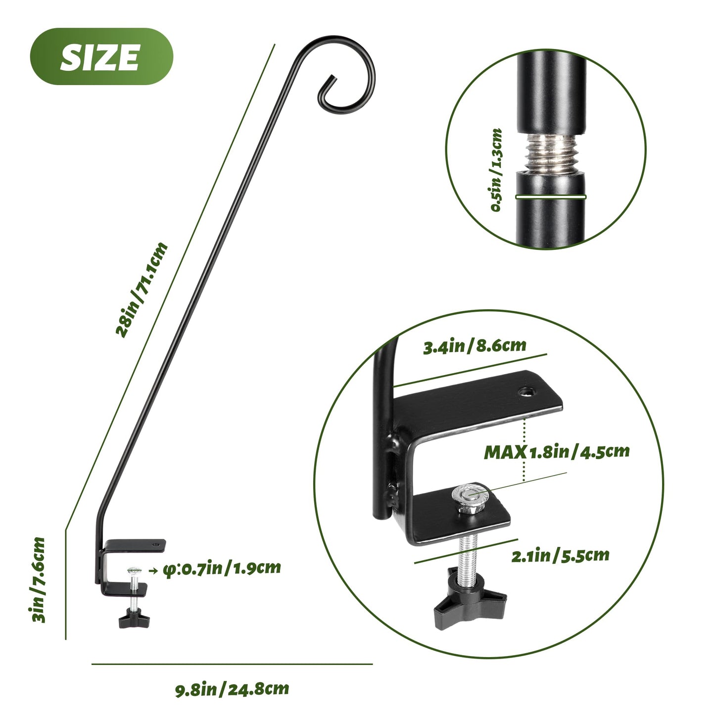 MIXXIDEA Heavy Duty Deck Rail Pole Deck Hook, Extensible and Adjustable Deck Hook for Hanging Bird Feeder, Plants, Suet Baskets,Wind Chimes,Lanterns (28in Long Curled Hook-2 Pack)