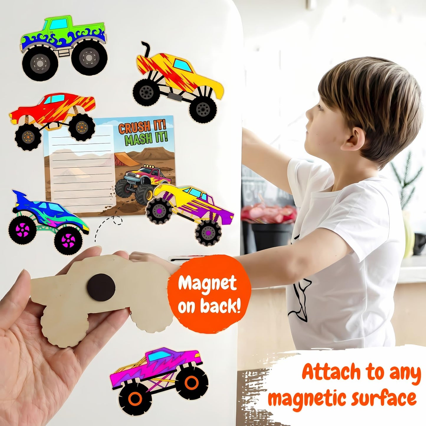 12-Pack Pre-Packaged Monster Truck Party Favors for Kids, Wooden Truck Cutouts with Magnets & Painting Kits, Boys' 4th Birthday Decorations & Thank You Gifts for Guests