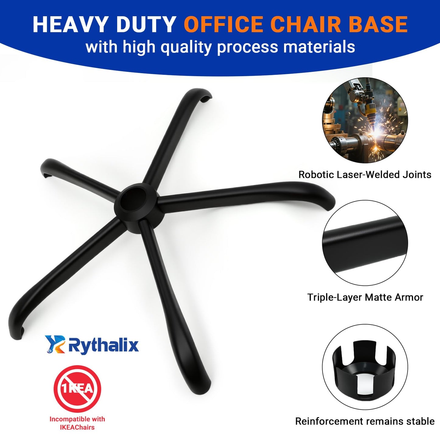 Rythalix 28" Heavy Duty Office Chair Base Replacement Parts for Most Office/Desk Chair - 2500 Lbs Capacity Matte Black Metal Chair Legs with Universal Casters Sockets