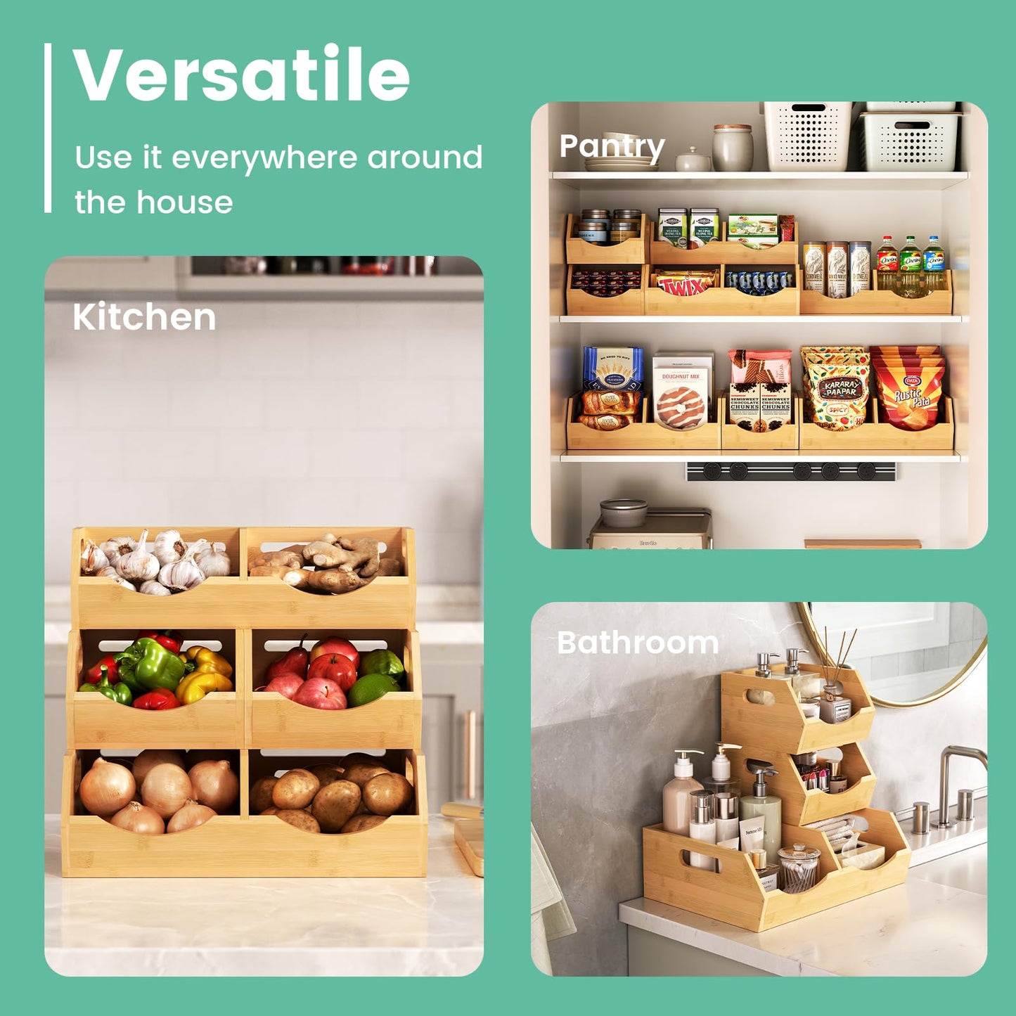 Bamboo Potato Onion Storage Bins Natural Brown, 3 Tier Stackable Ventilated Kitchen Organizer for Pantry, Countertop, Bathroom, Space-Saving, Easy Access Handle
